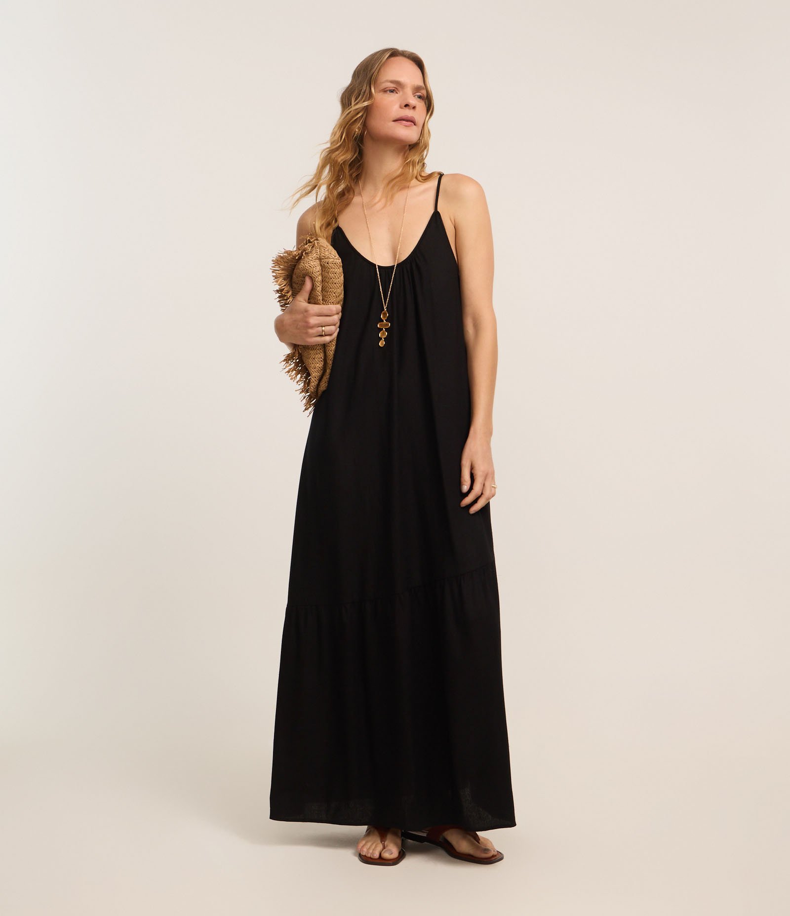 Vestido Midi em Viscolinho com Alças Finas Preto 2