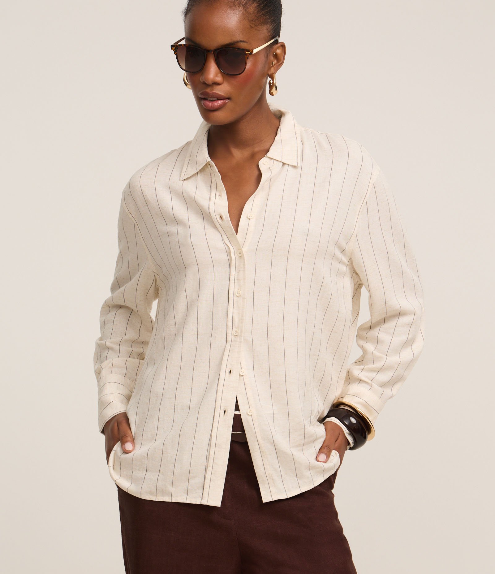 Camisa com Estampa Listras a Fio Tinto Bege 1