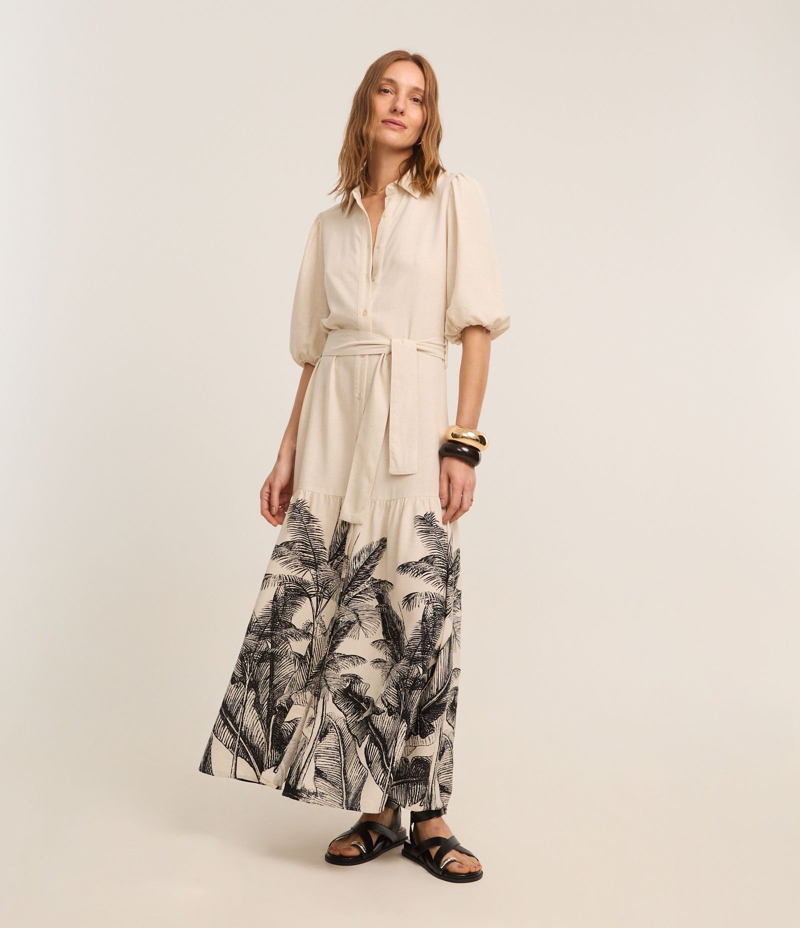 Vestido Chemise em Viscolinho com Estampa Coqueiros Bege 1