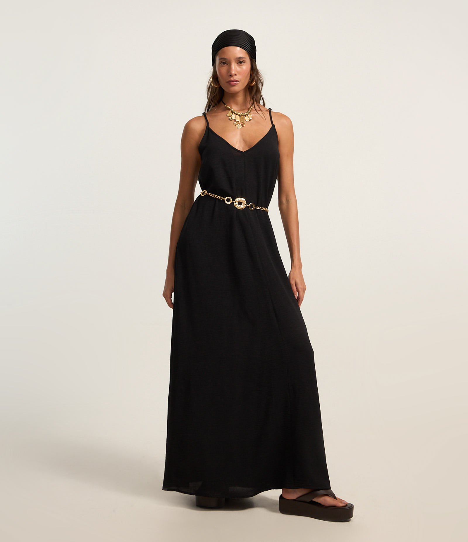 Vestido Long Midi em Crepe com Alcinhas Preto 1