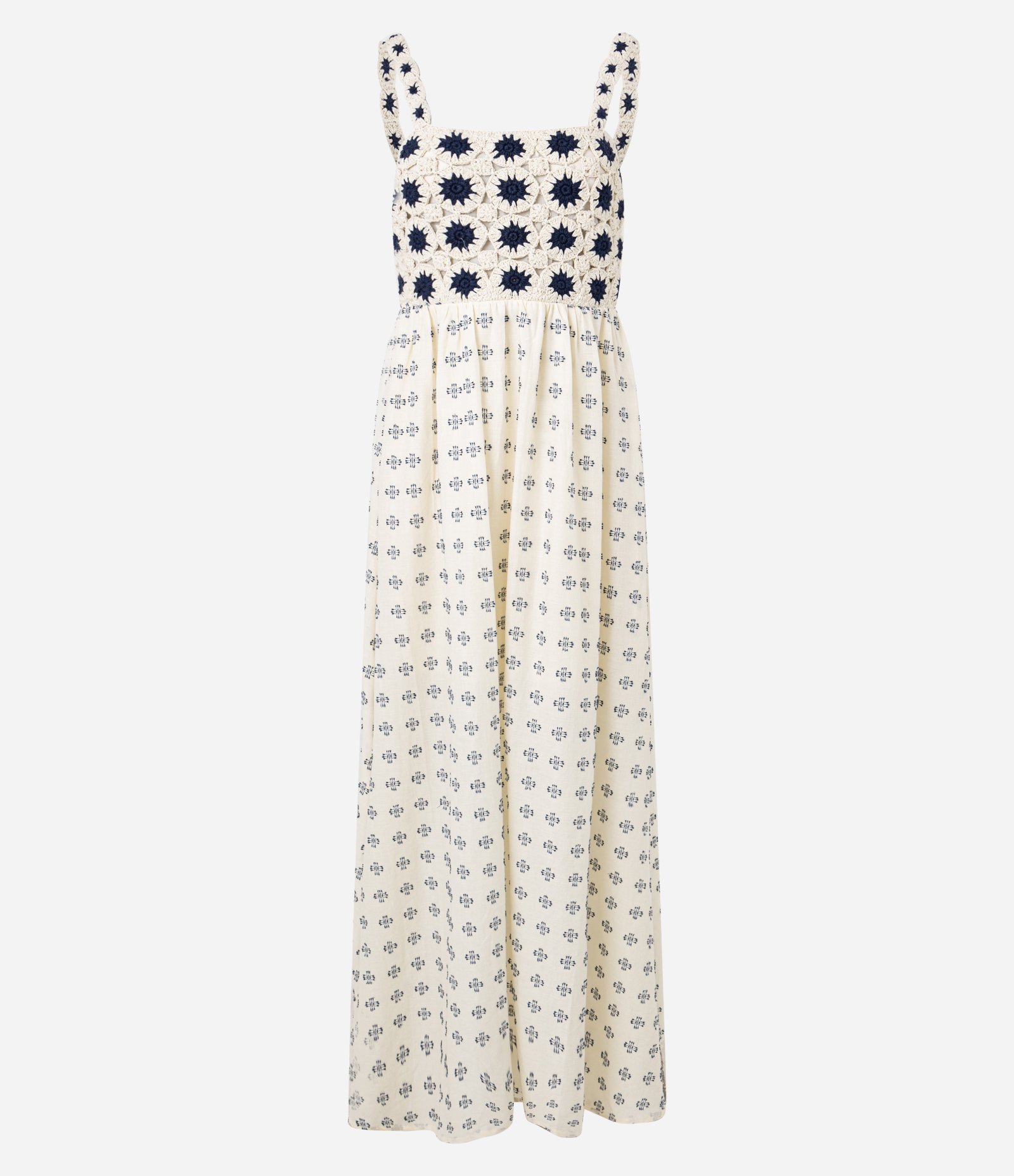 Vestido Evasê com Busto em Efeito Crochê e Estampa Abstrata Off White 6