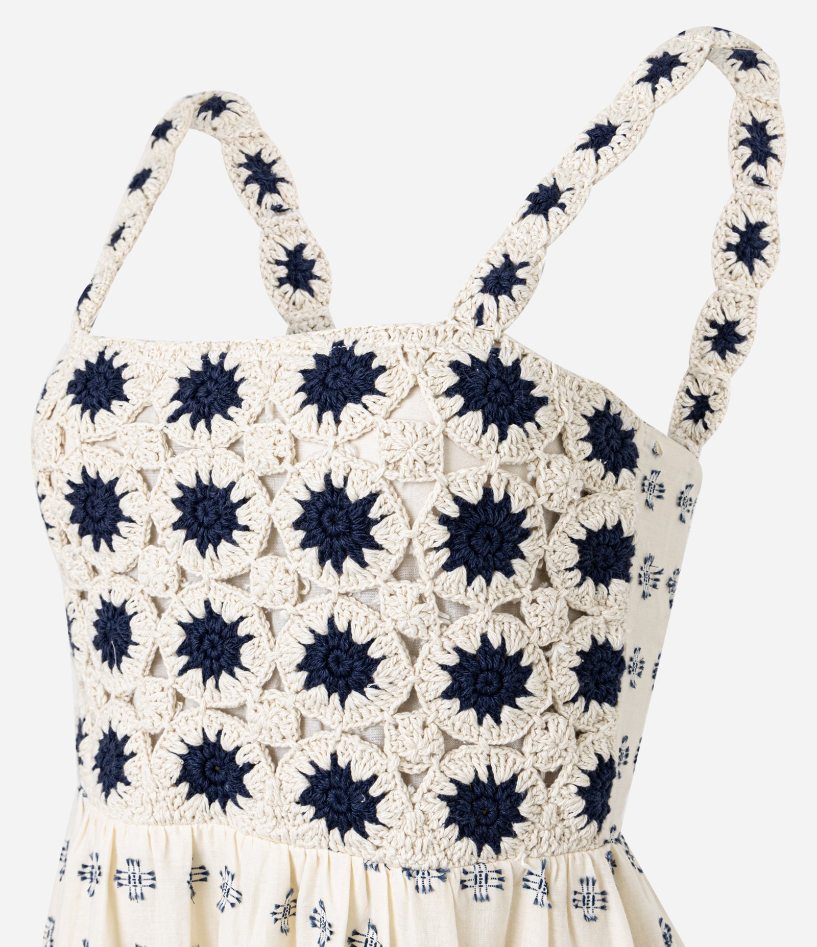 Vestido Evasê com Busto em Efeito Crochê e Estampa Abstrata Off White 7