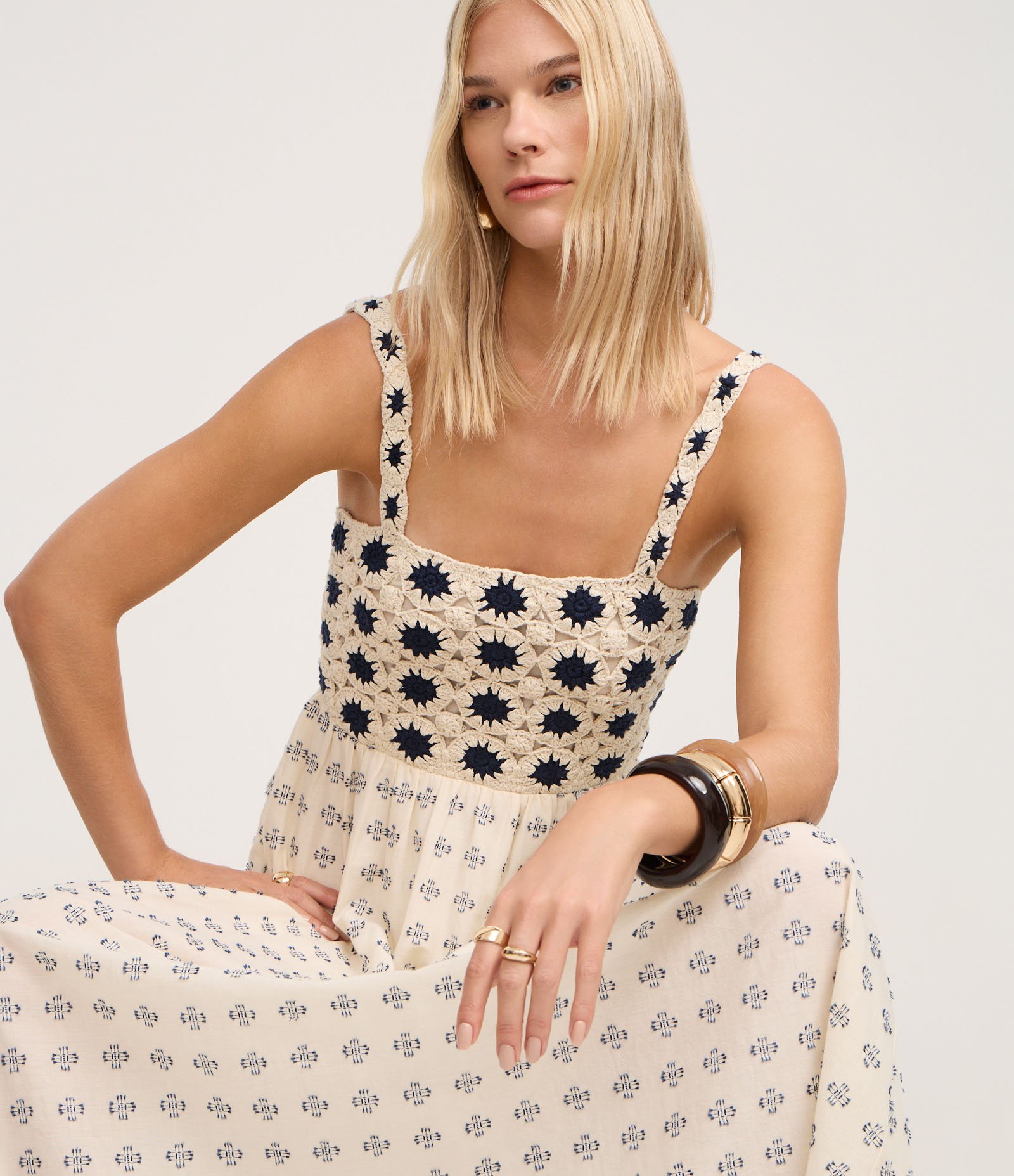 Vestido Evasê com Busto em Efeito Crochê e Estampa Abstrata Off White 2