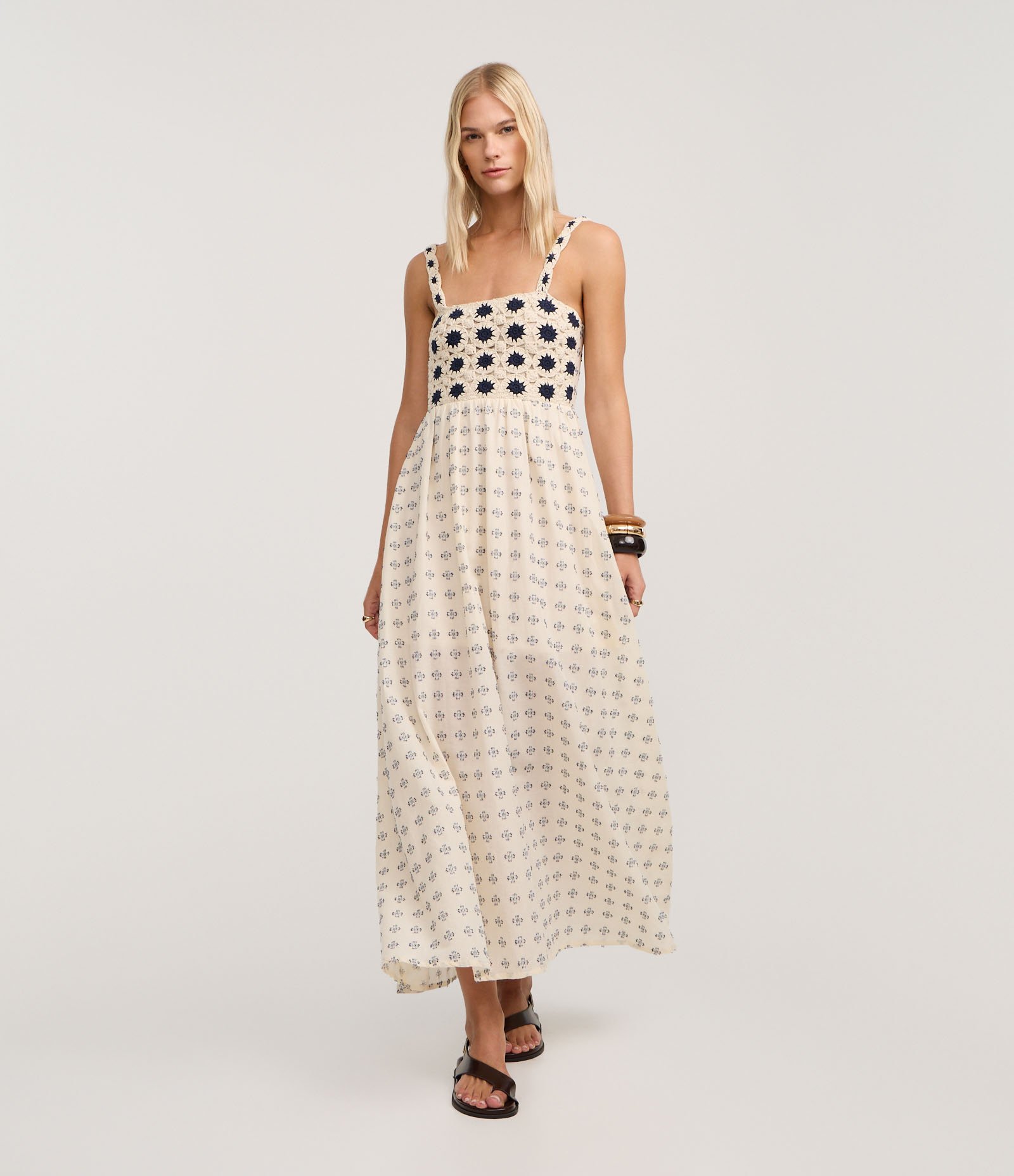 Vestido Evasê com Busto em Efeito Crochê e Estampa Abstrata Off White 3