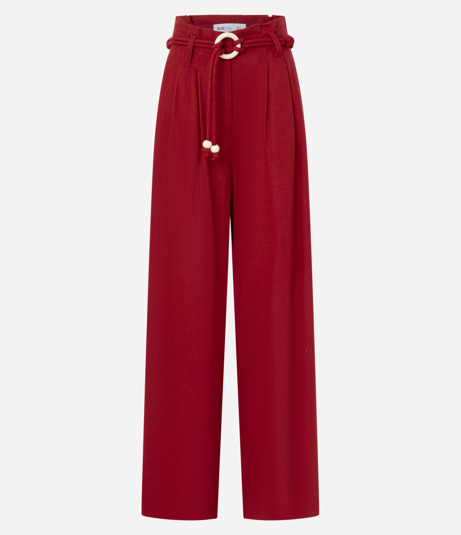 Calça Pantalona em Viscolinho com Cinto de Cordas com Fivela de Aviamento Vermelho 6