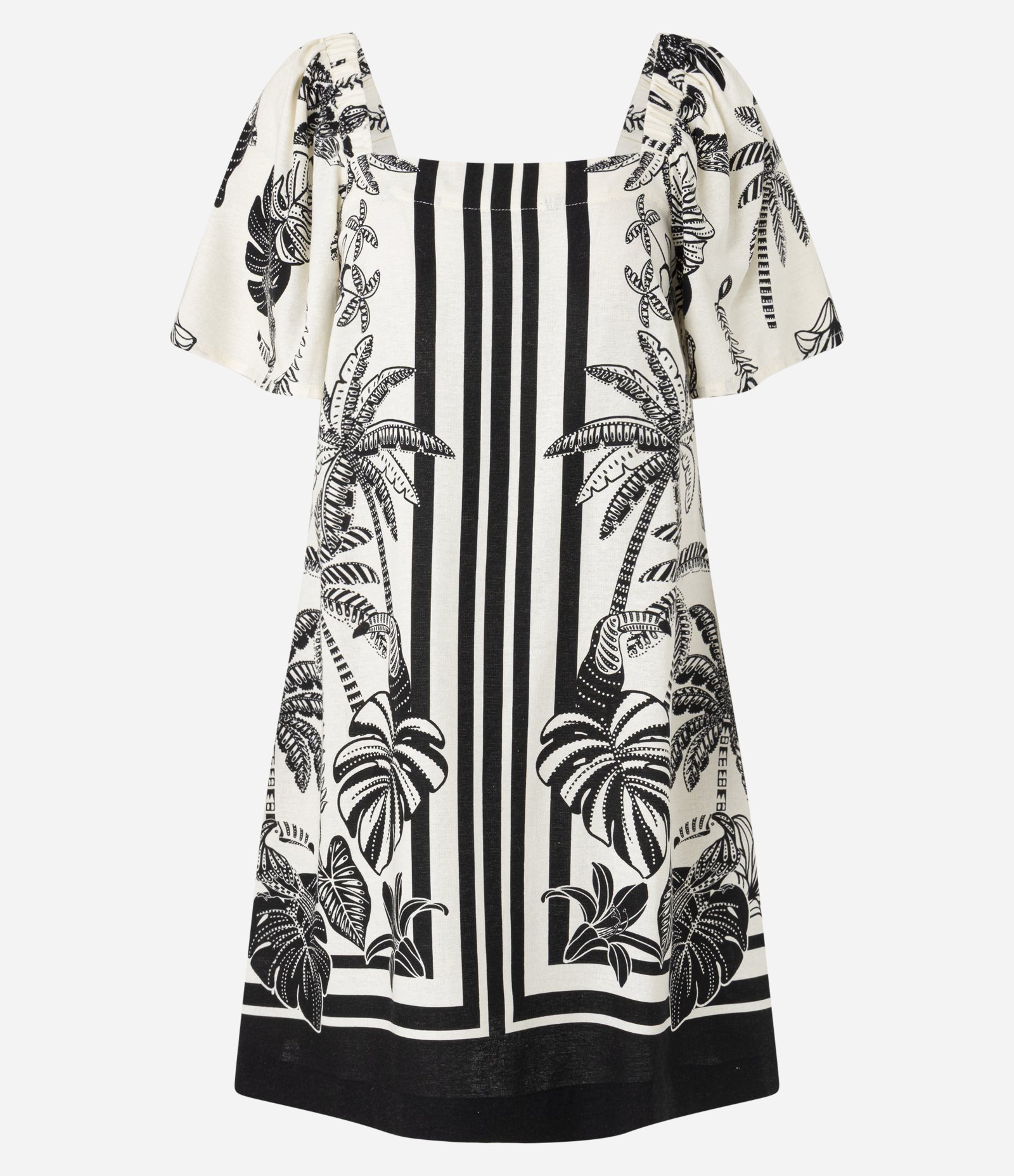 Vestido Curto em Viscose e Linho com Estampa de Folhagem Branco 5