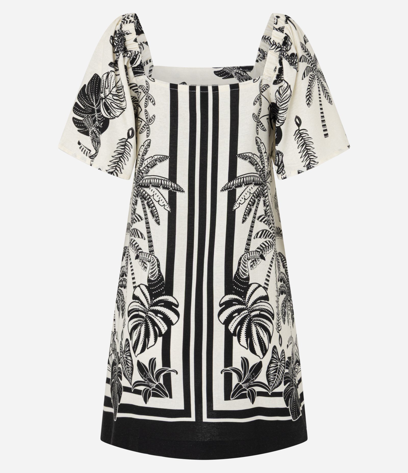 Vestido Curto em Viscose e Linho com Estampa de Folhagem Branco 6