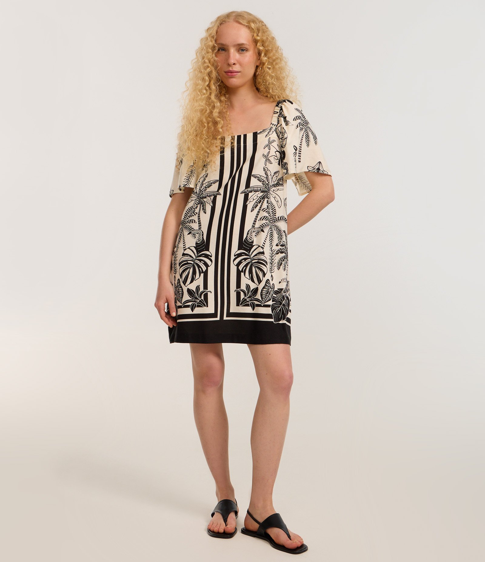 Vestido Curto em Viscose e Linho com Estampa de Folhagem Branco 2