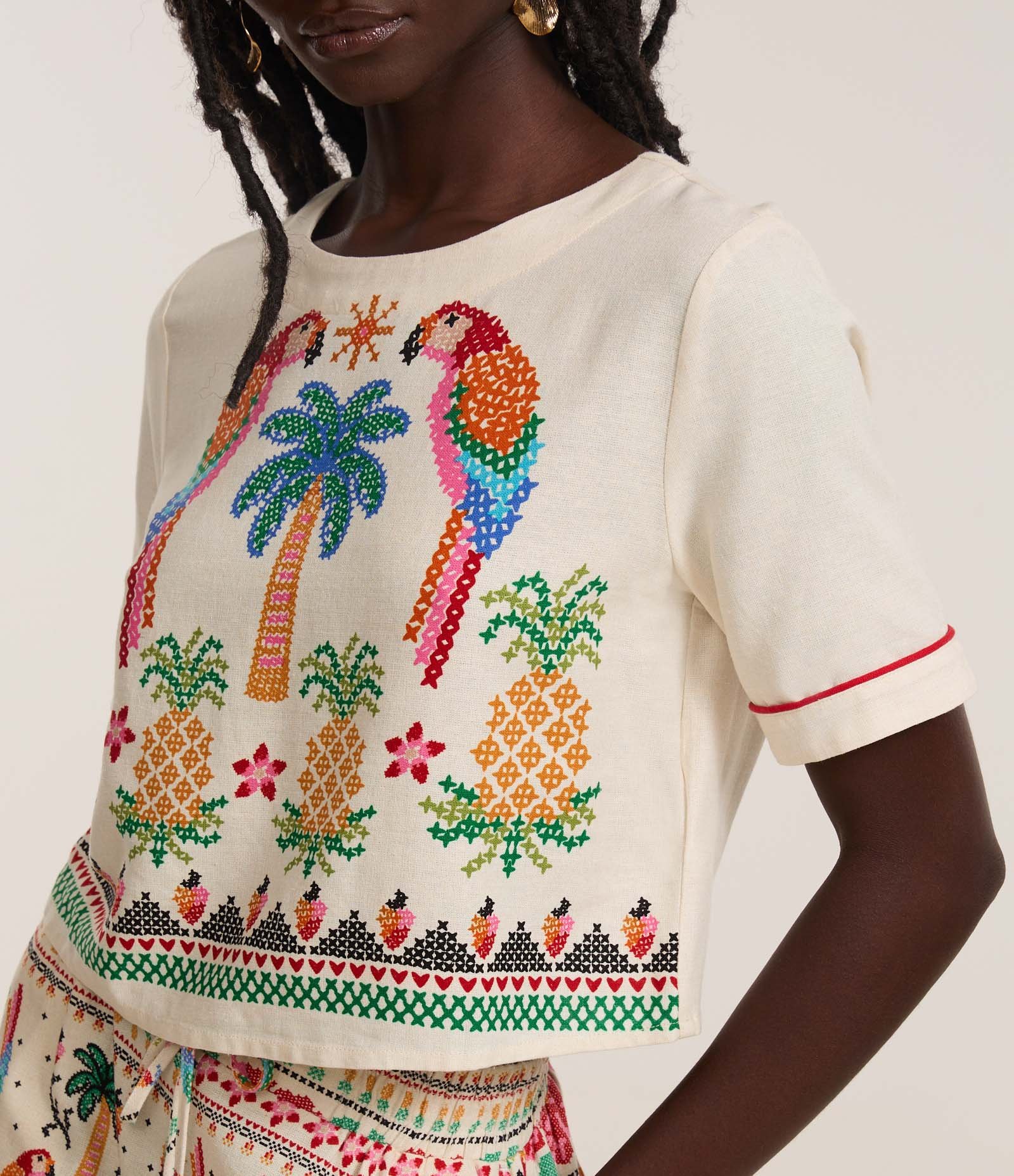 Camiseta Boxy em Viscolinho com Estampa Araras Off White 3