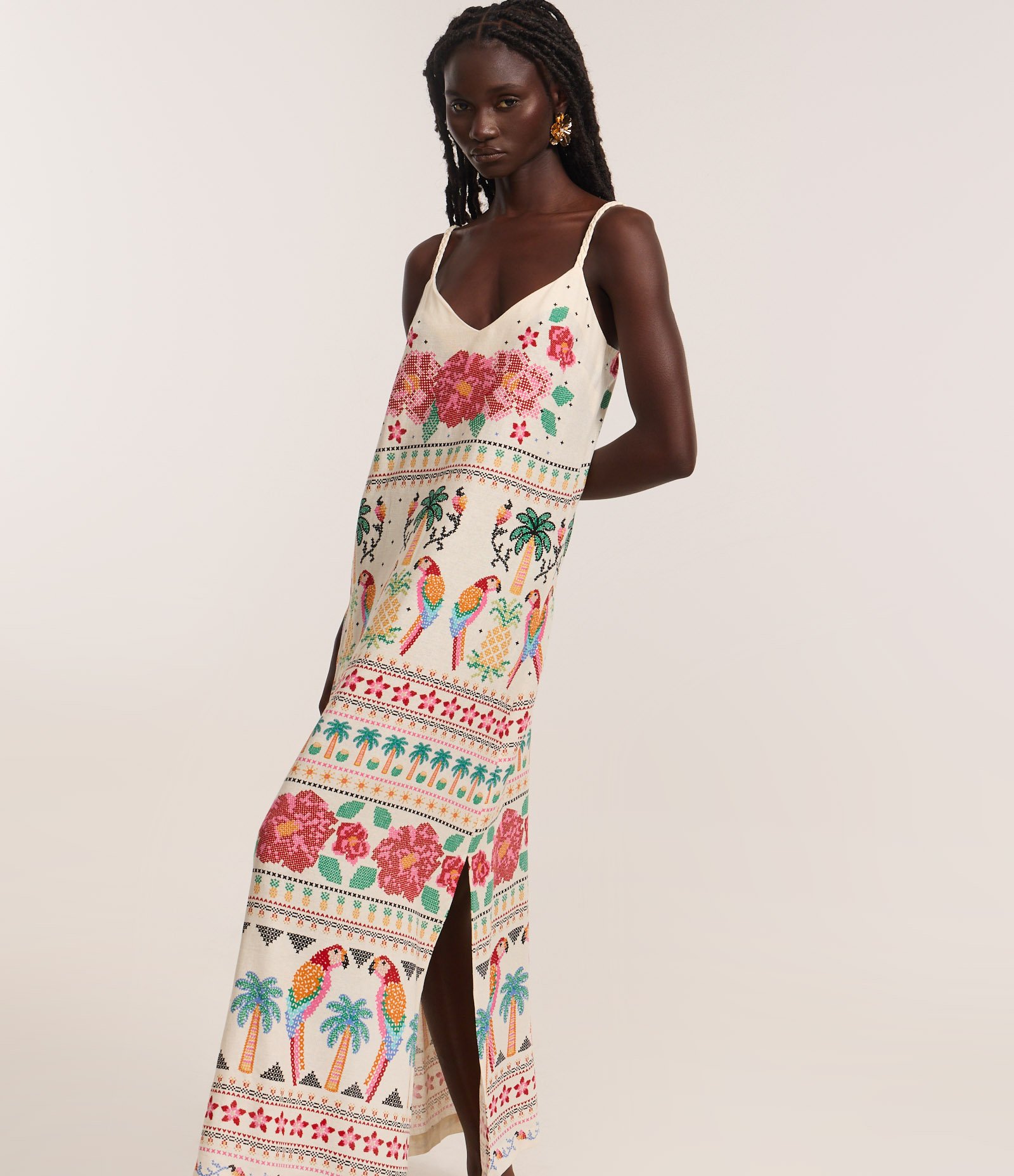 Vestido New Midi em Viscolinho Floral Bege 2