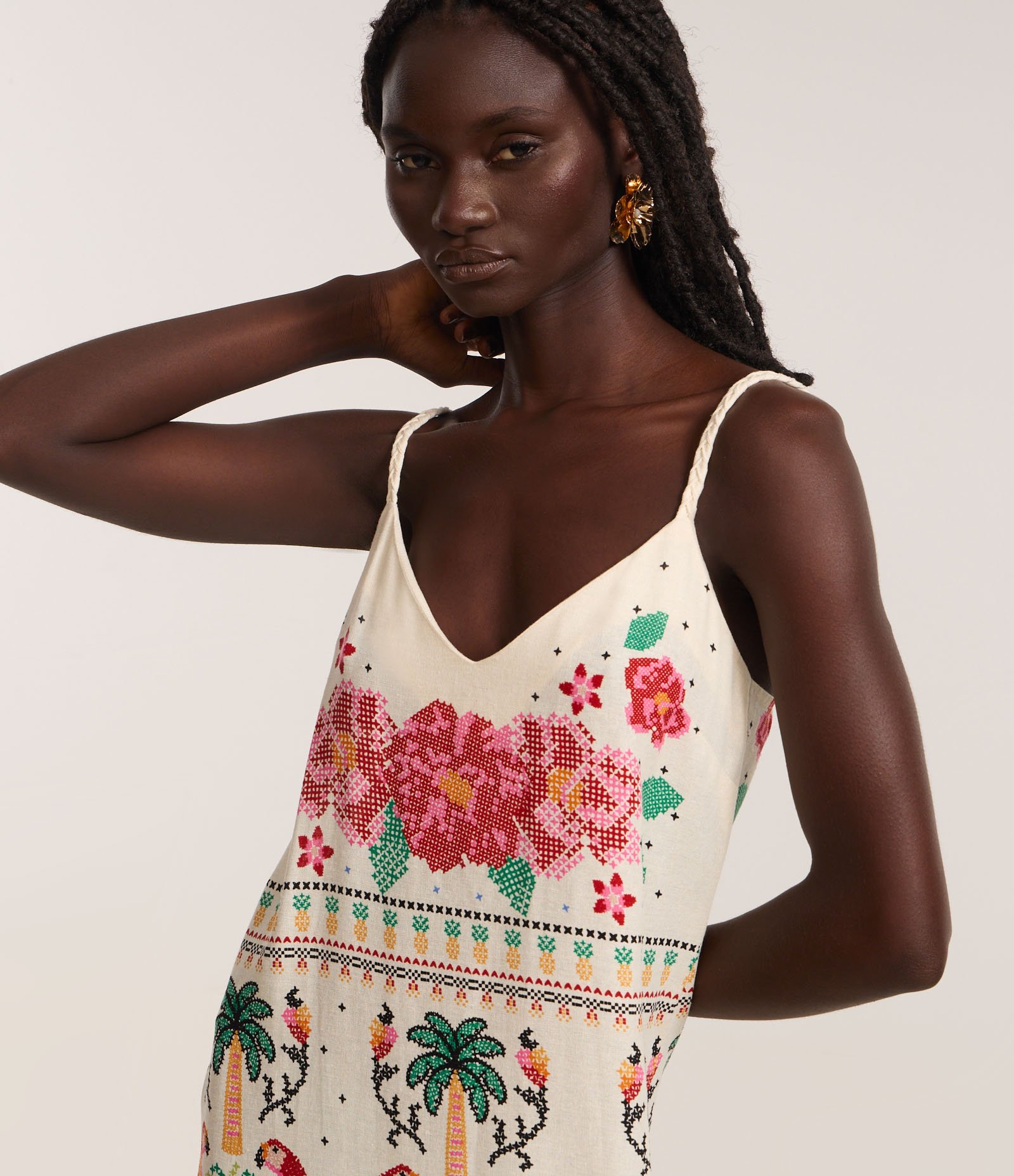 Vestido New Midi em Viscolinho Floral Bege 3