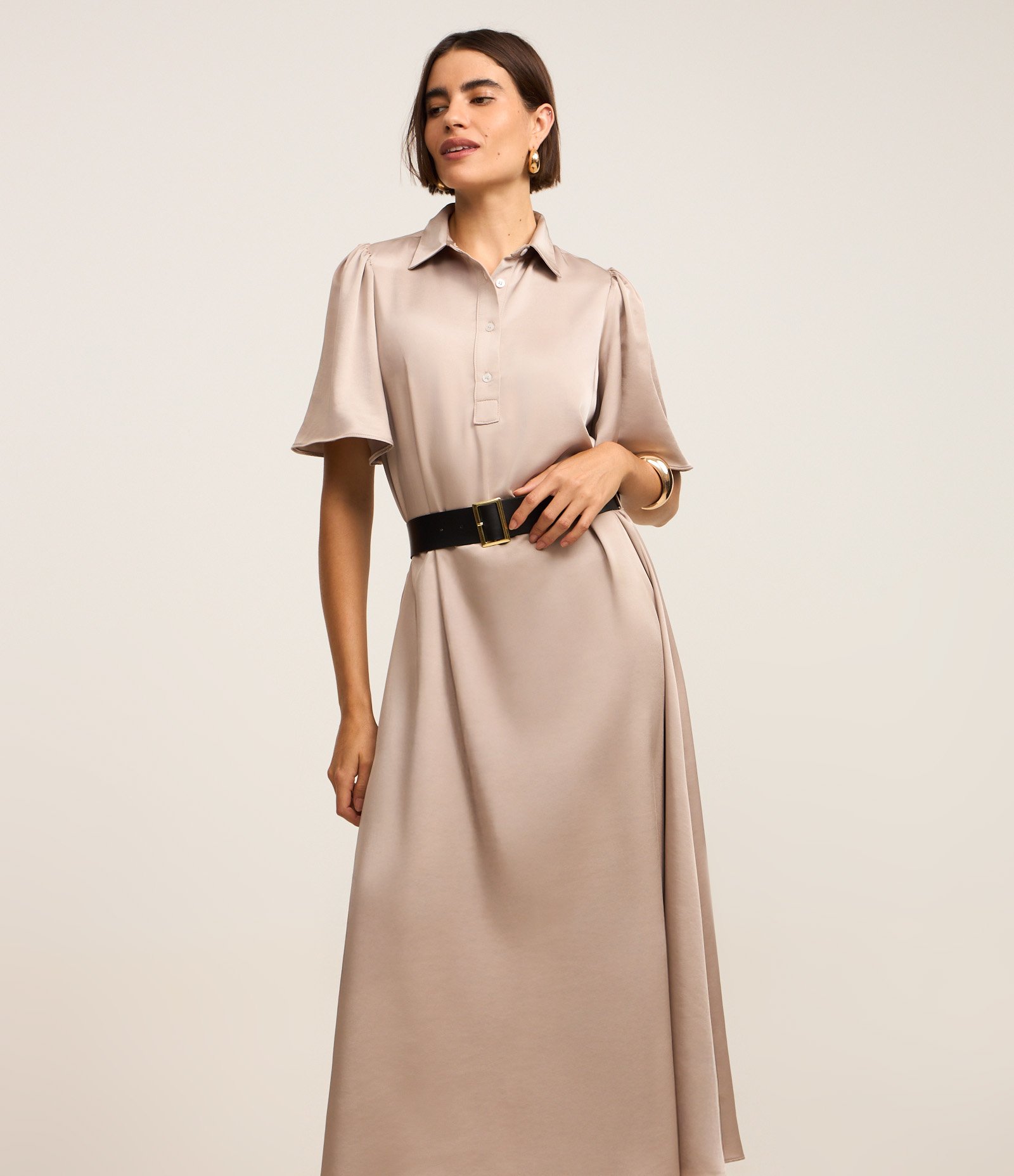 Vestido Reto Longo em Alfaiataria Acetinado com Cinto Bege 4