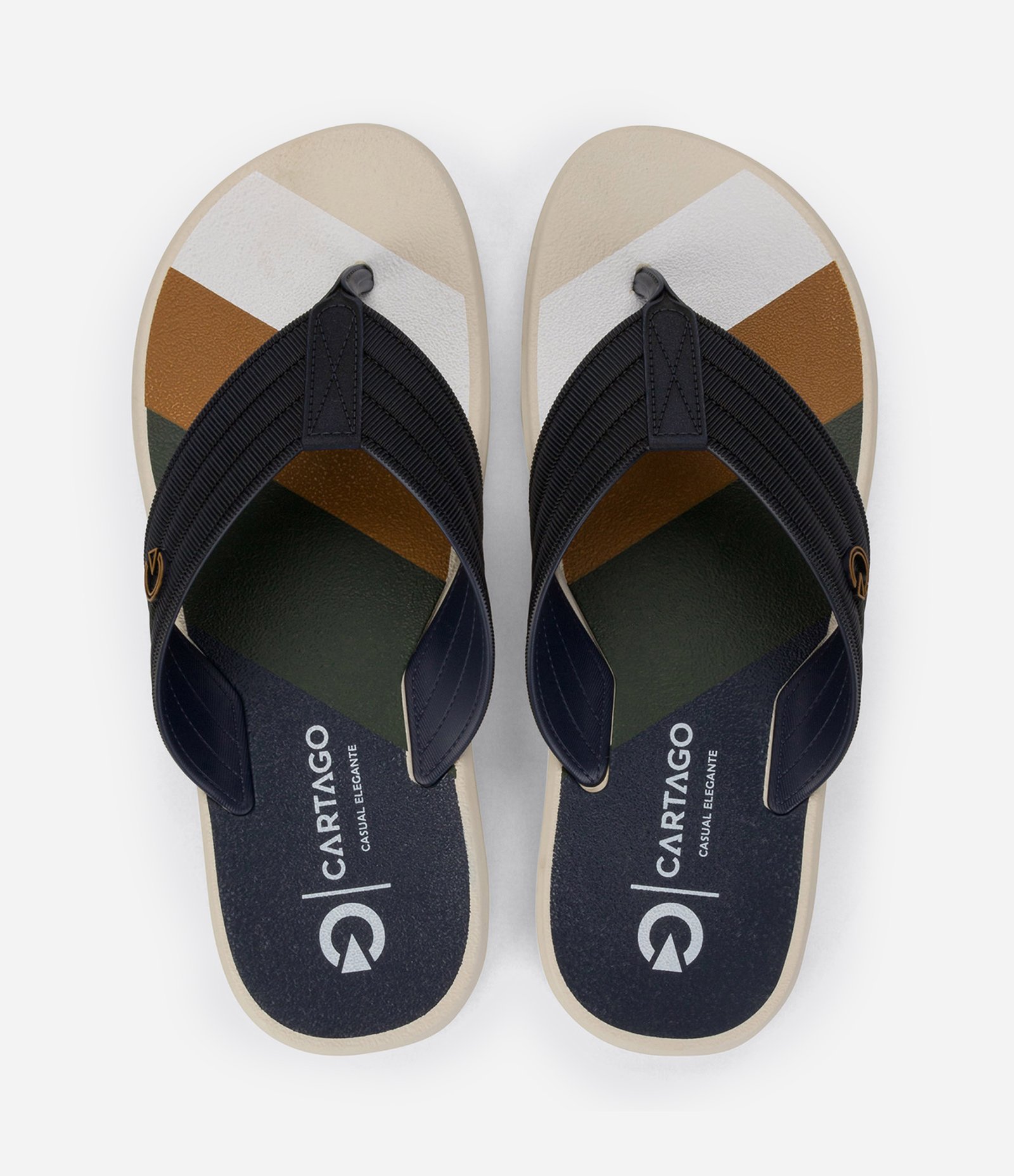 Chinelo de Tiras Largas com Texturas Pespontas e Estampa Azul escuro/Bege/Amarelo 1