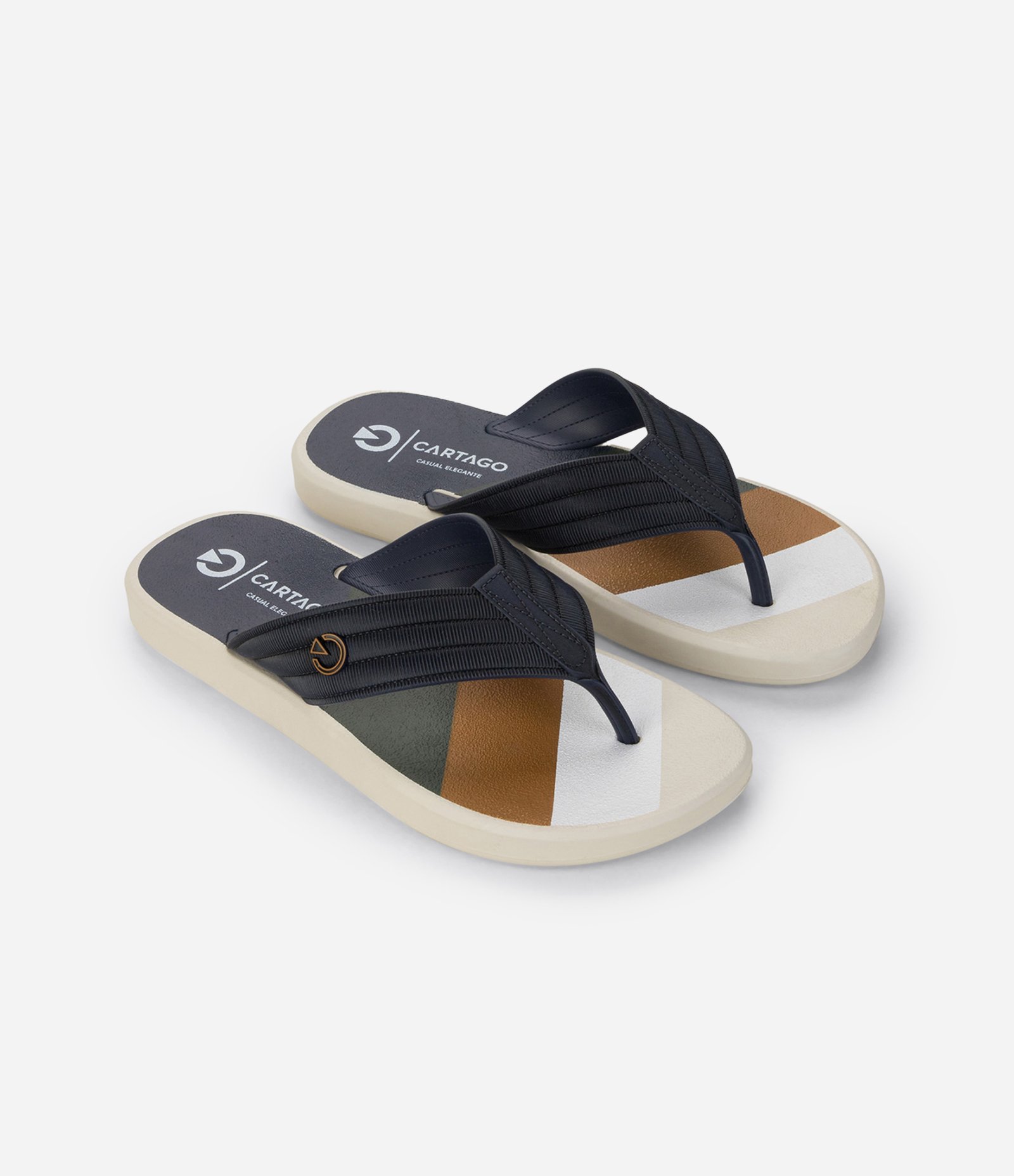 Chinelo de Tiras Largas com Texturas Pespontas e Estampa Azul escuro/Bege/Amarelo 2