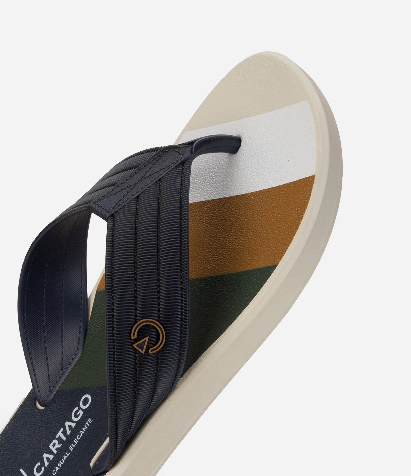 Chinelo de Tiras Largas com Texturas Pespontas e Estampa Azul escuro/Bege/Amarelo 4