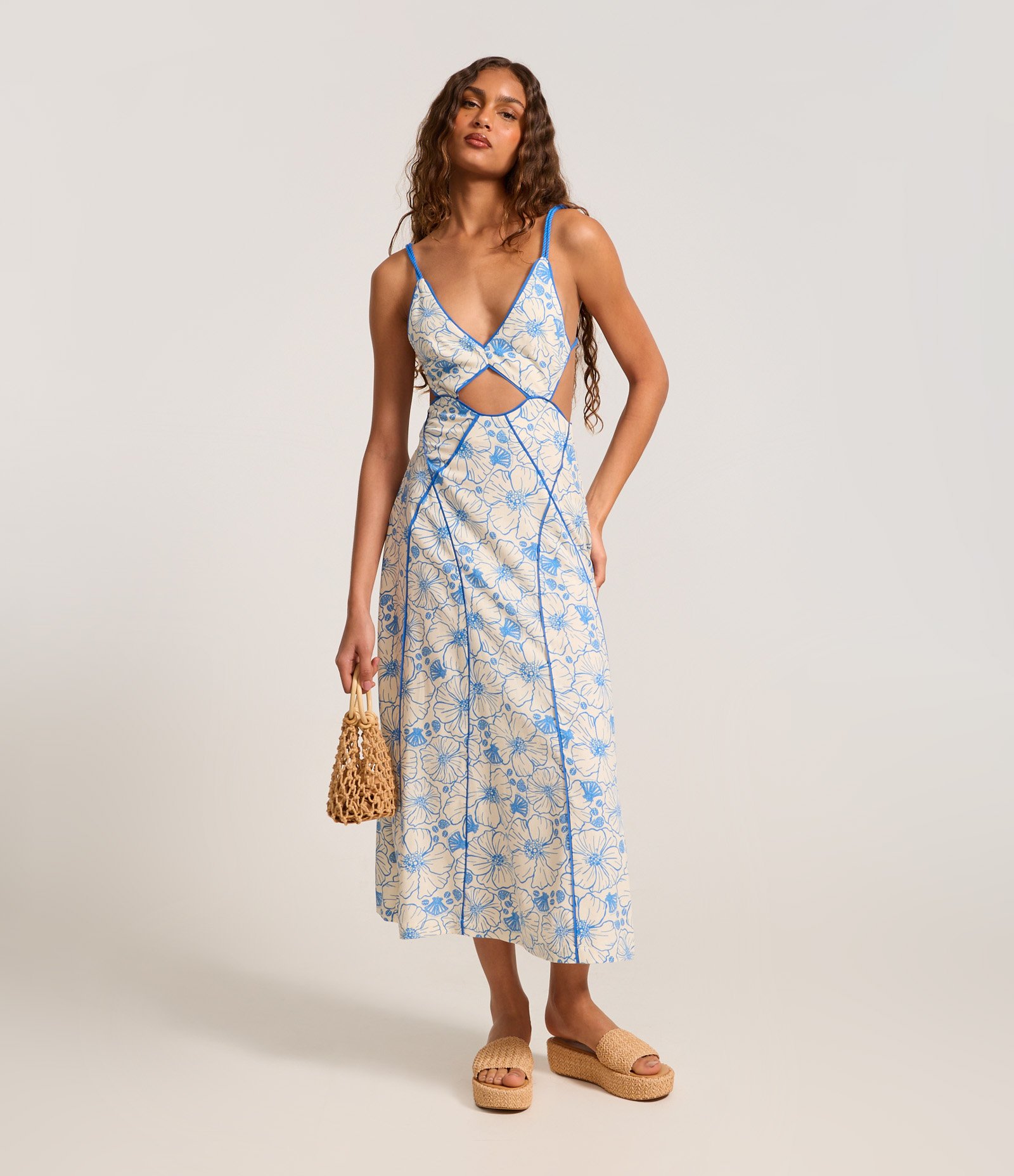 Vestido New Midi em Viscolinho com Recorte Vazado e Estampa Floral Bege 1