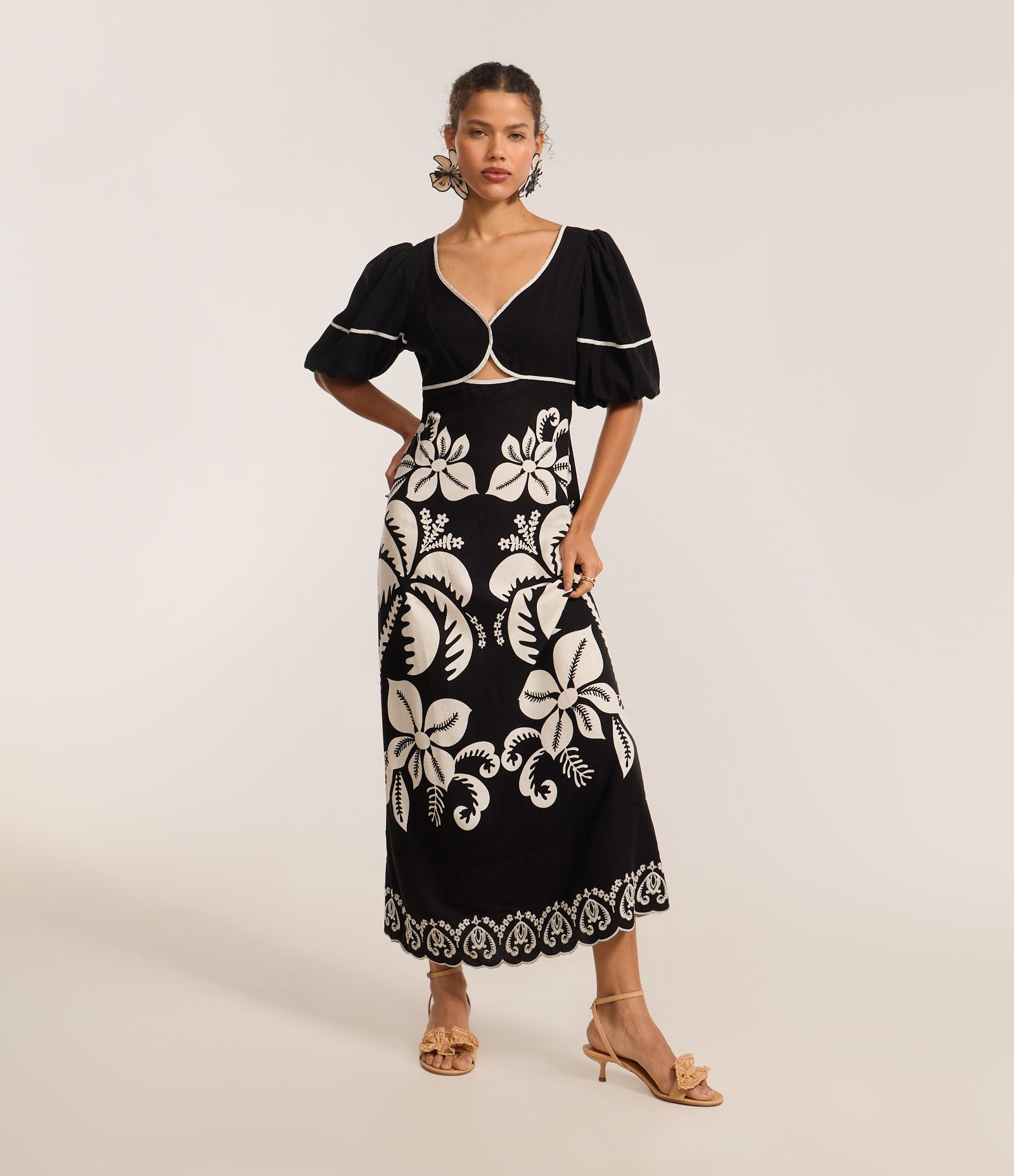 Vestido Evasê em Viscolinho com Estampa Coqueiros e Flores Multicores 1