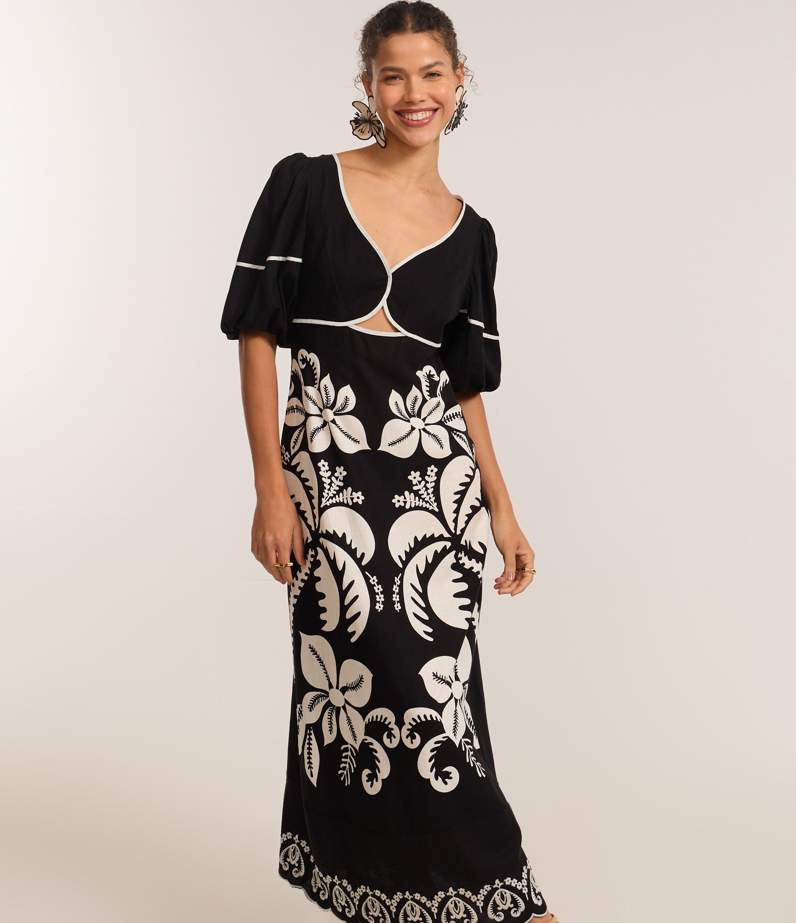 Vestido Evasê em Viscolinho com Estampa Coqueiros e Flores Multicores 2