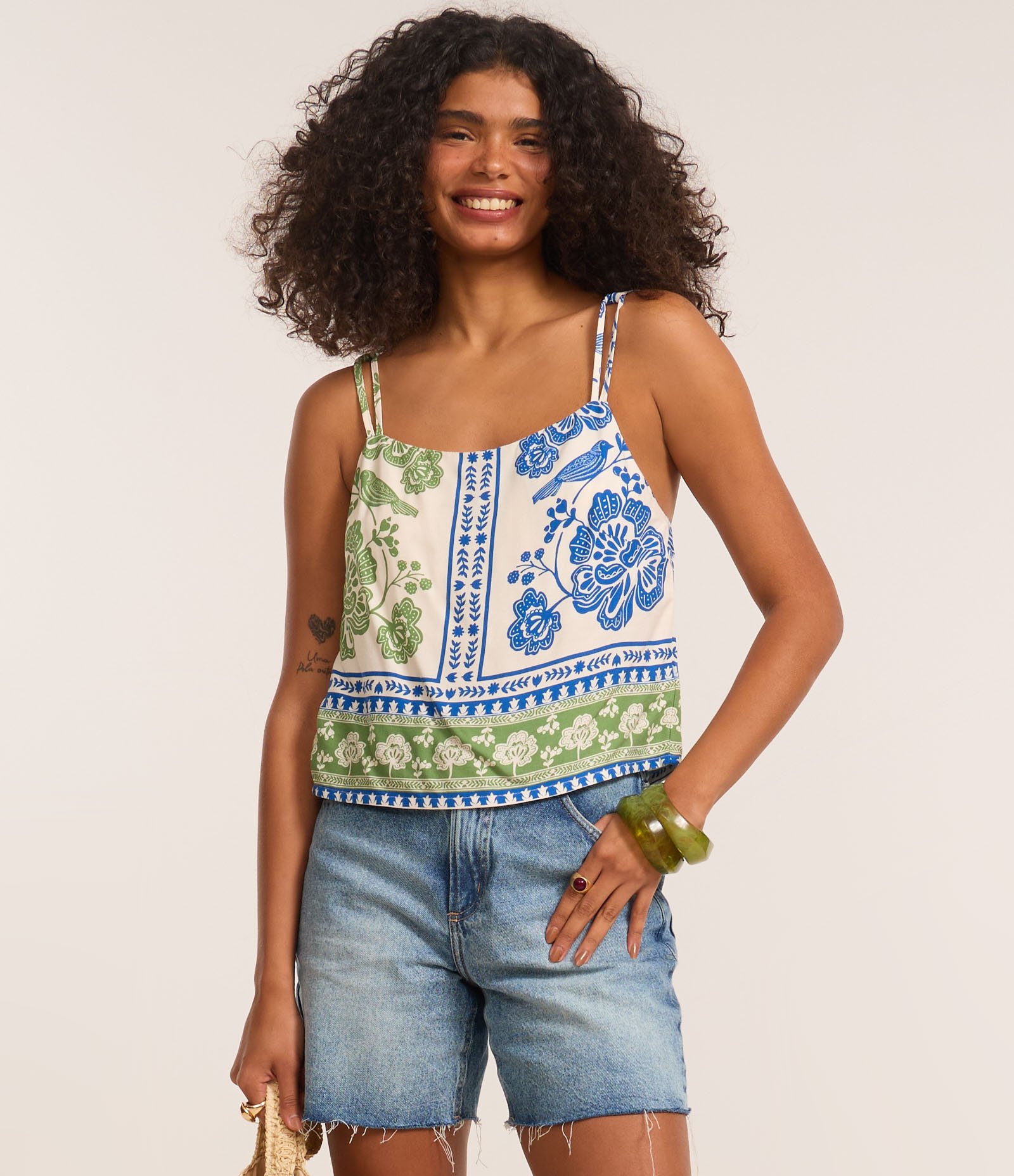 Blusa Curta com Amarração nas Costas Azul/Verde 1