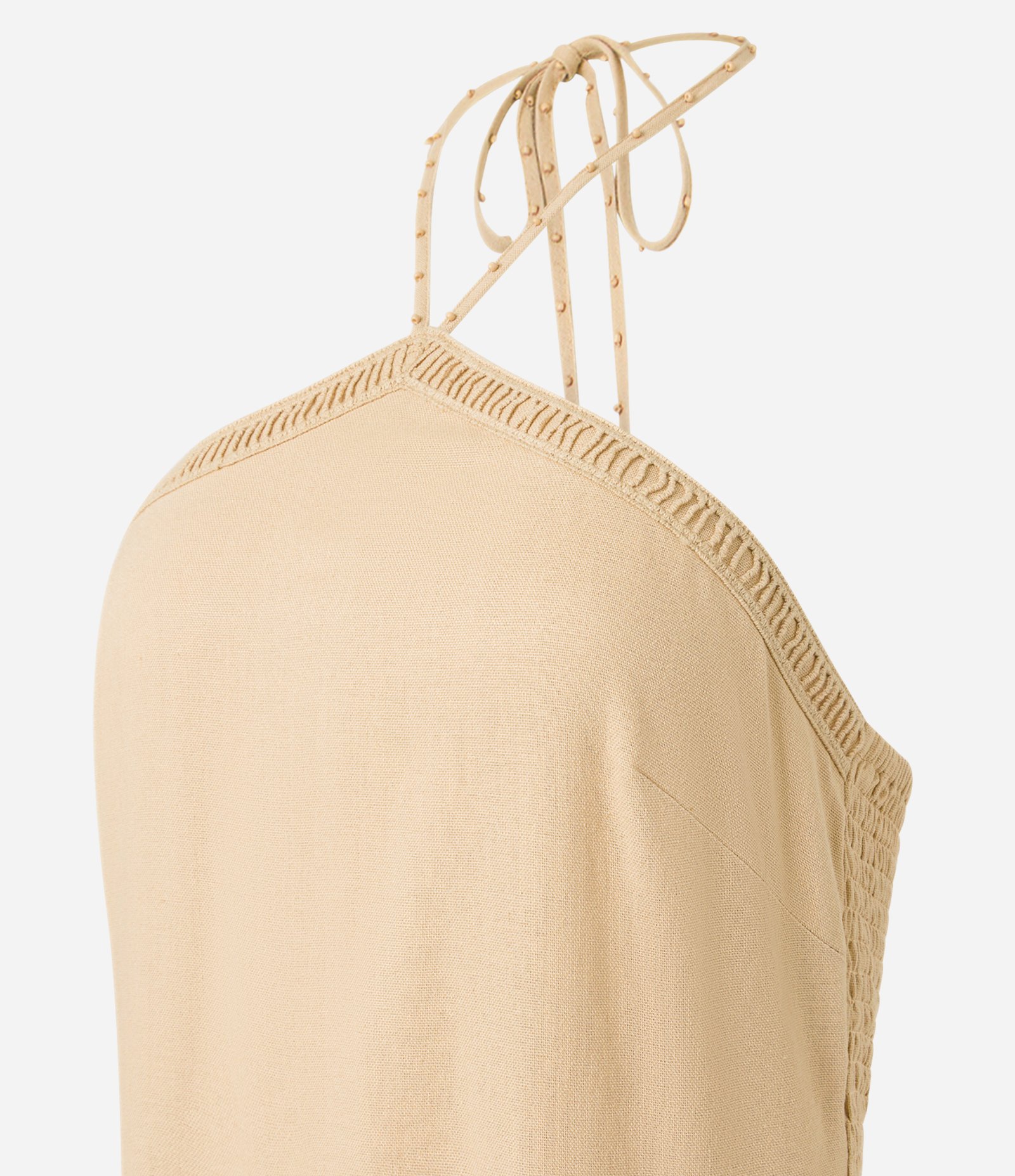 Macacão Longo em Viscolinho com Decote Halter Bege 7