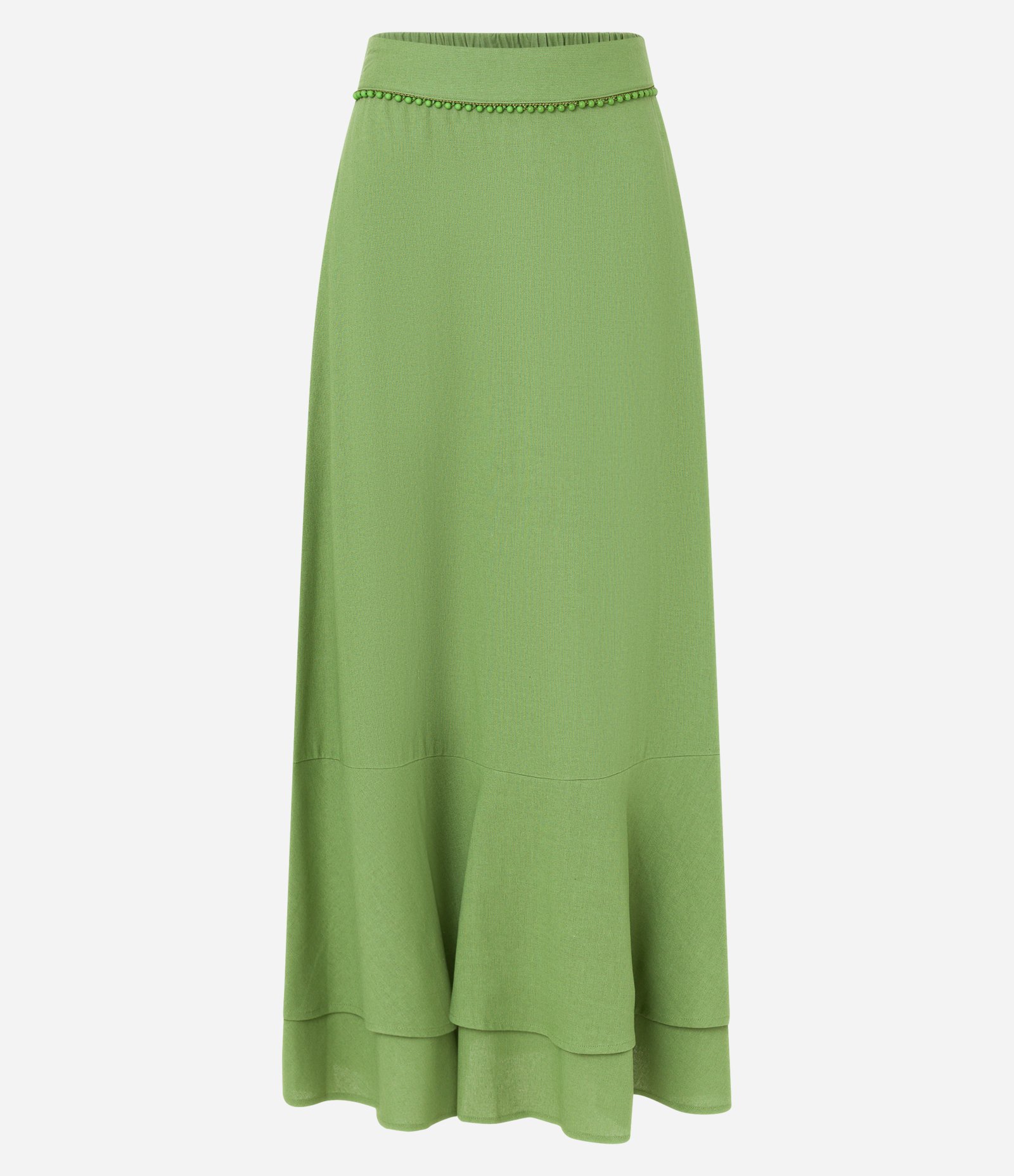 Saia Long Midi em Viscolinho com Miçangas no Cós e Babado Duplo Verde Claro 6