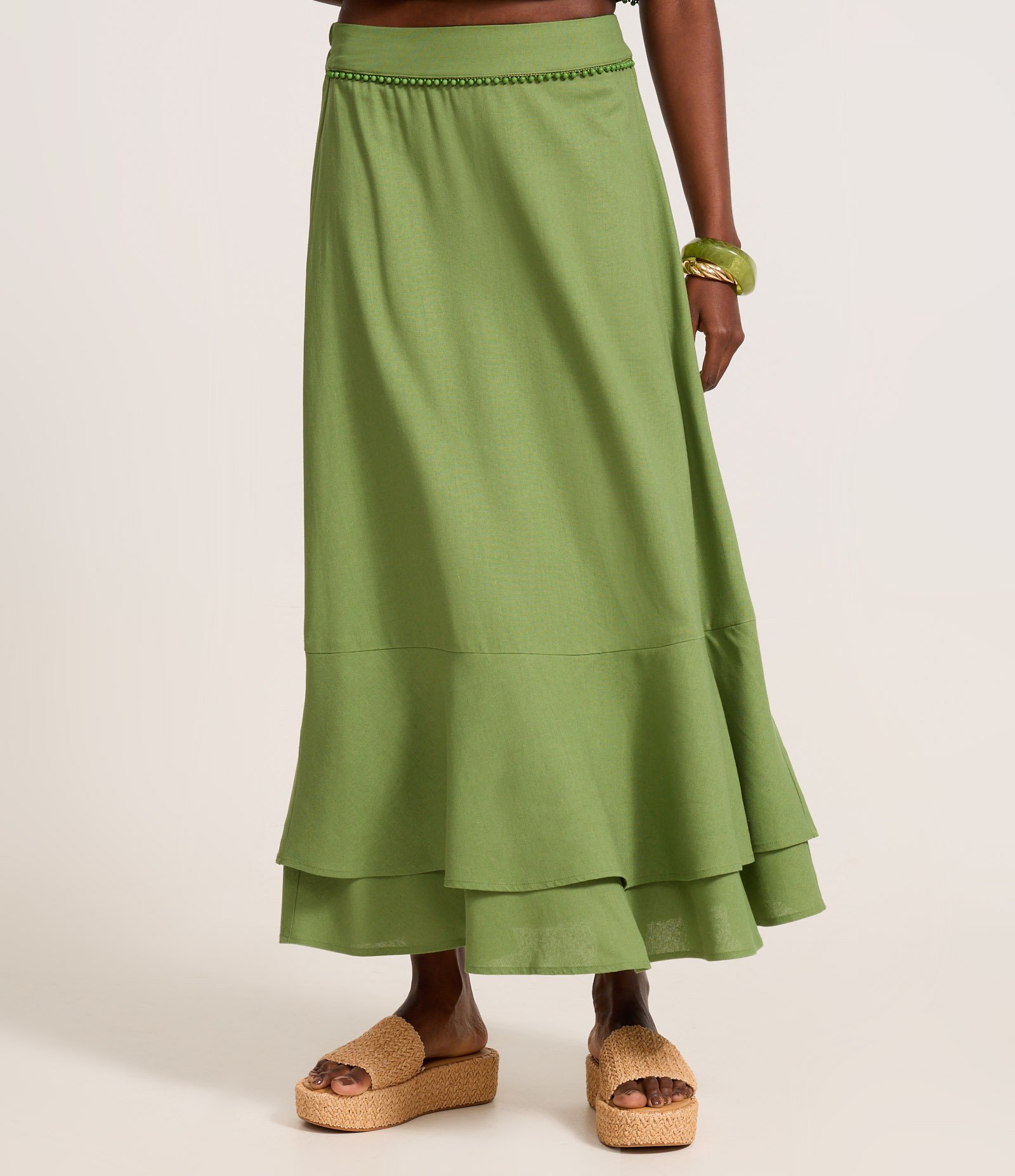 Saia Long Midi em Viscolinho com Miçangas no Cós e Babado Duplo Verde Claro 4