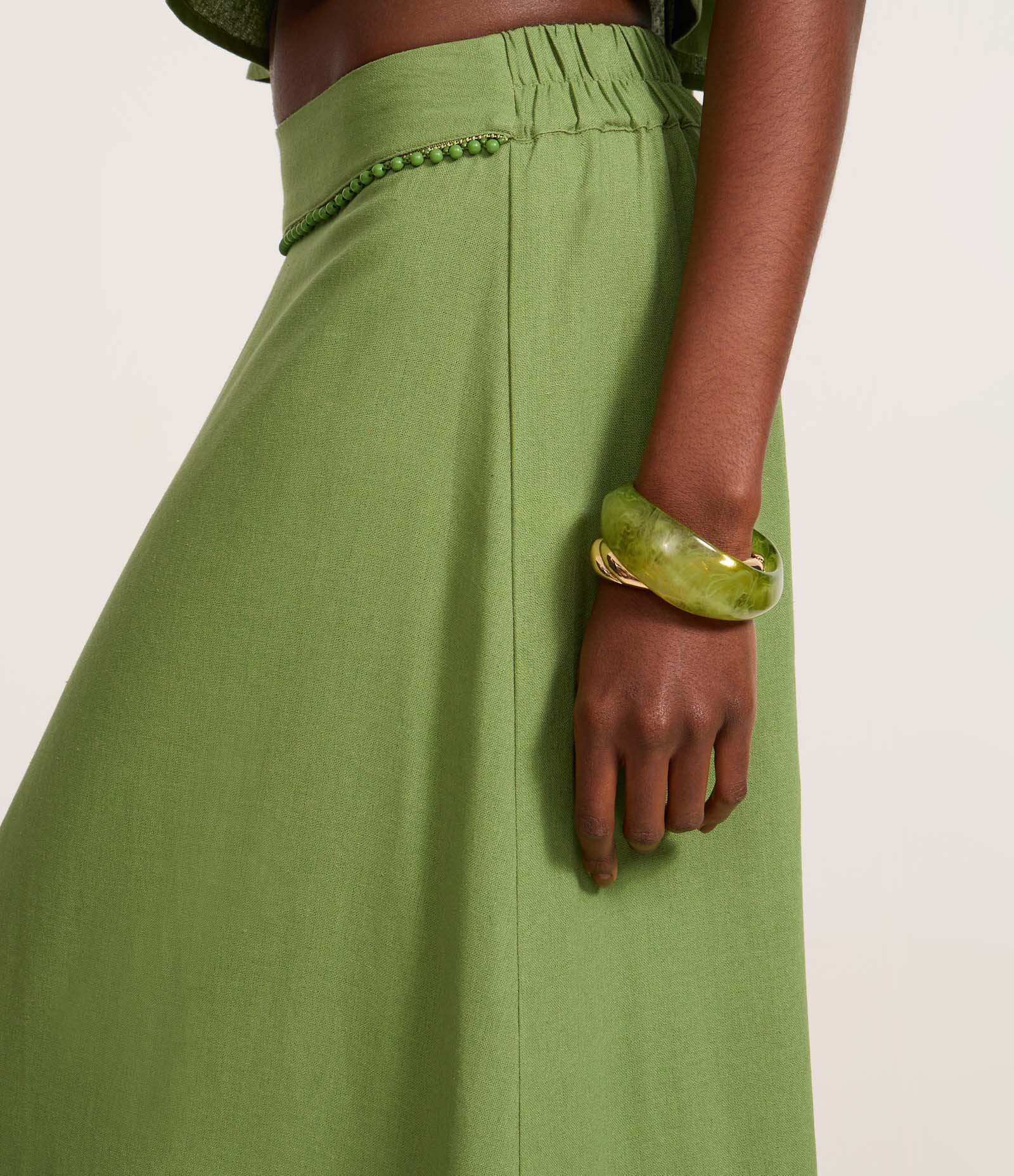 Saia Long Midi em Viscolinho com Miçangas no Cós e Babado Duplo Verde Claro 5