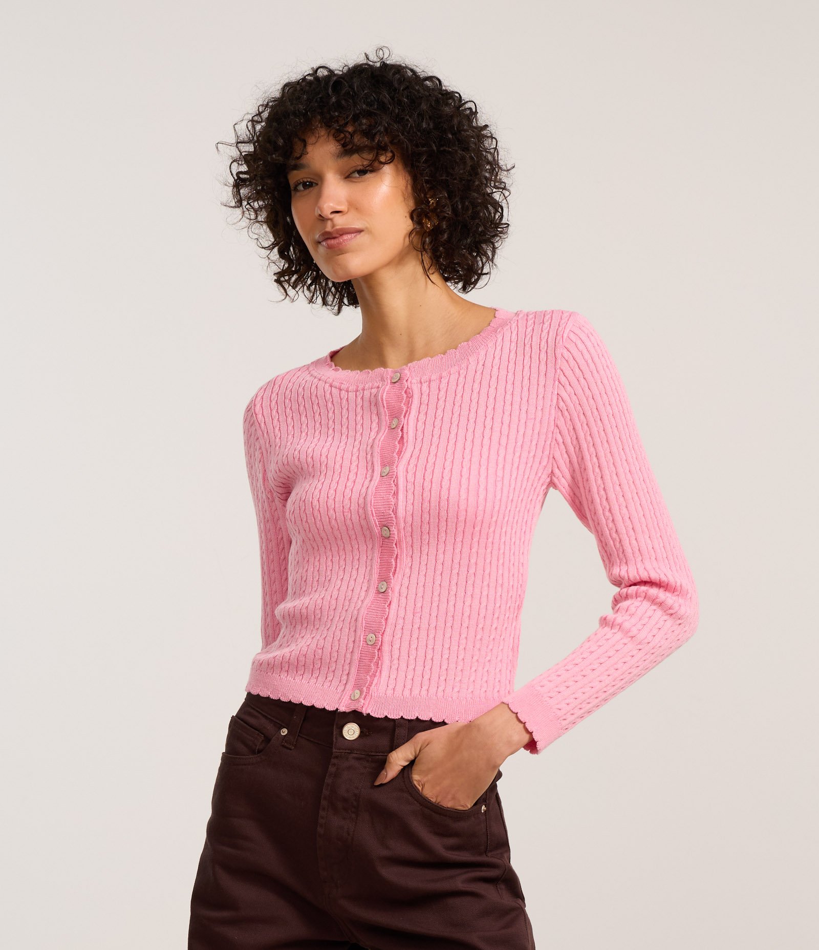 Cardigan Slim em Tricô com Mix de Pontos Rosa 1