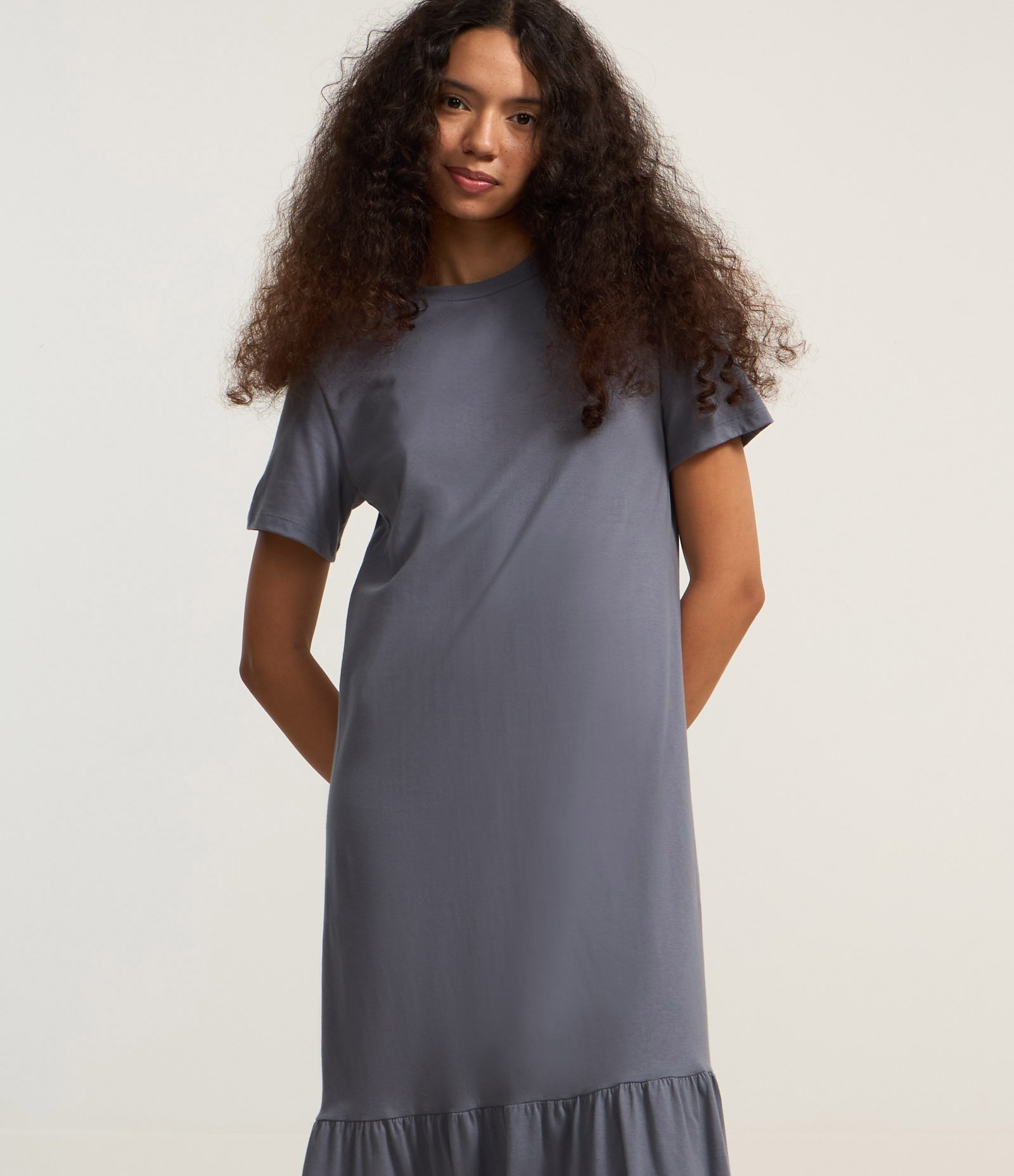 Vestido Evasê Long Midi em Algodão com Babado na Barra Cinza 1