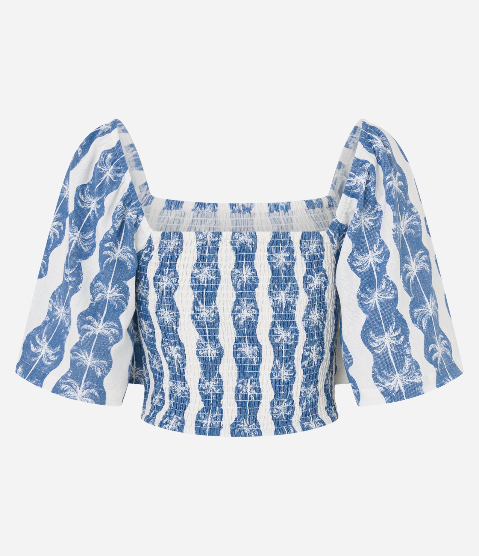 Blusa Cropped em Viscolinho com Lastex e Estampa Tropical Bege 7