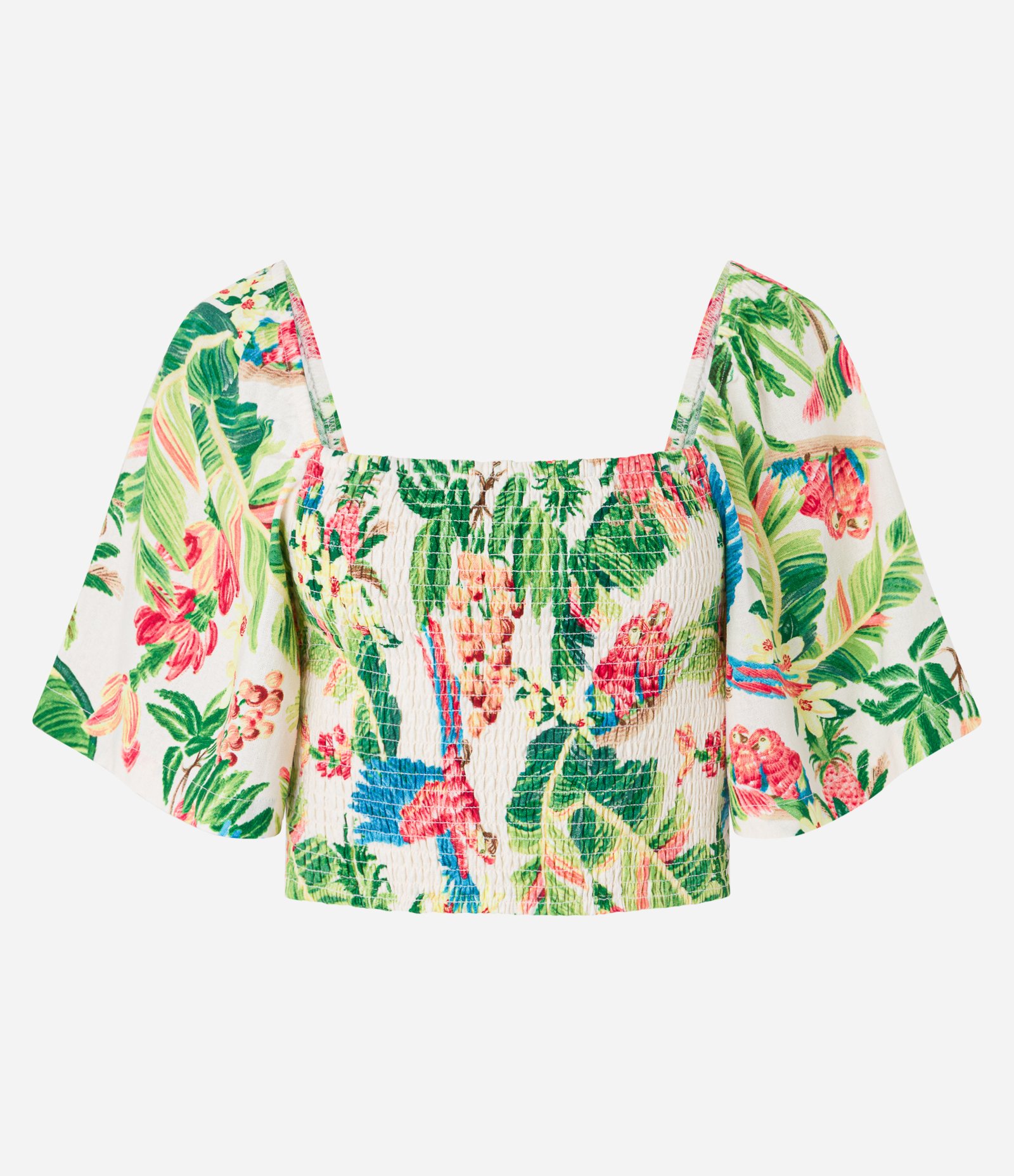 Blusa Cropped com Lastex e Estampa Tropical Bege 5