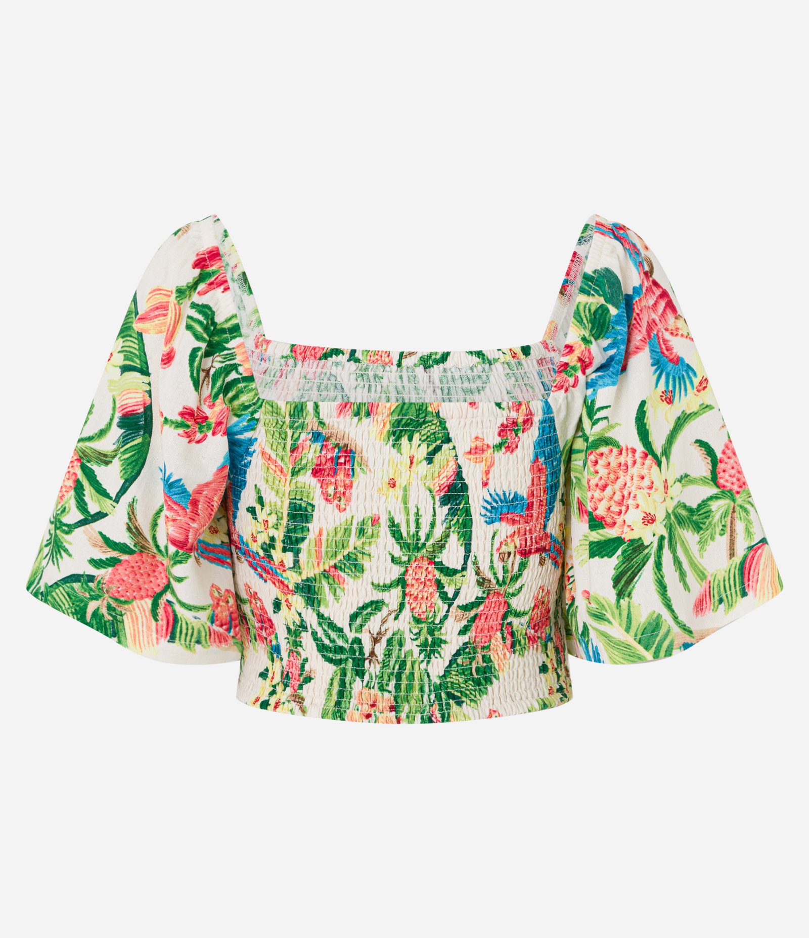 Blusa Cropped com Lastex e Estampa Tropical Bege 7