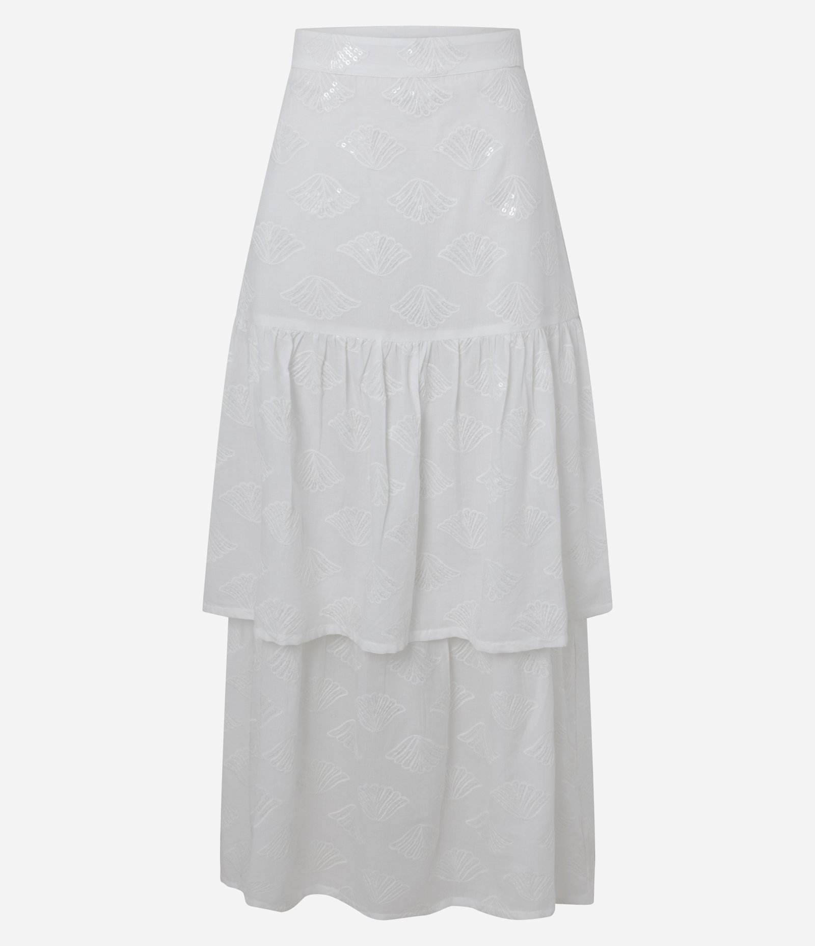 Saia Evasê Midi em Laise com Sobreposição e Bordado Off White 8