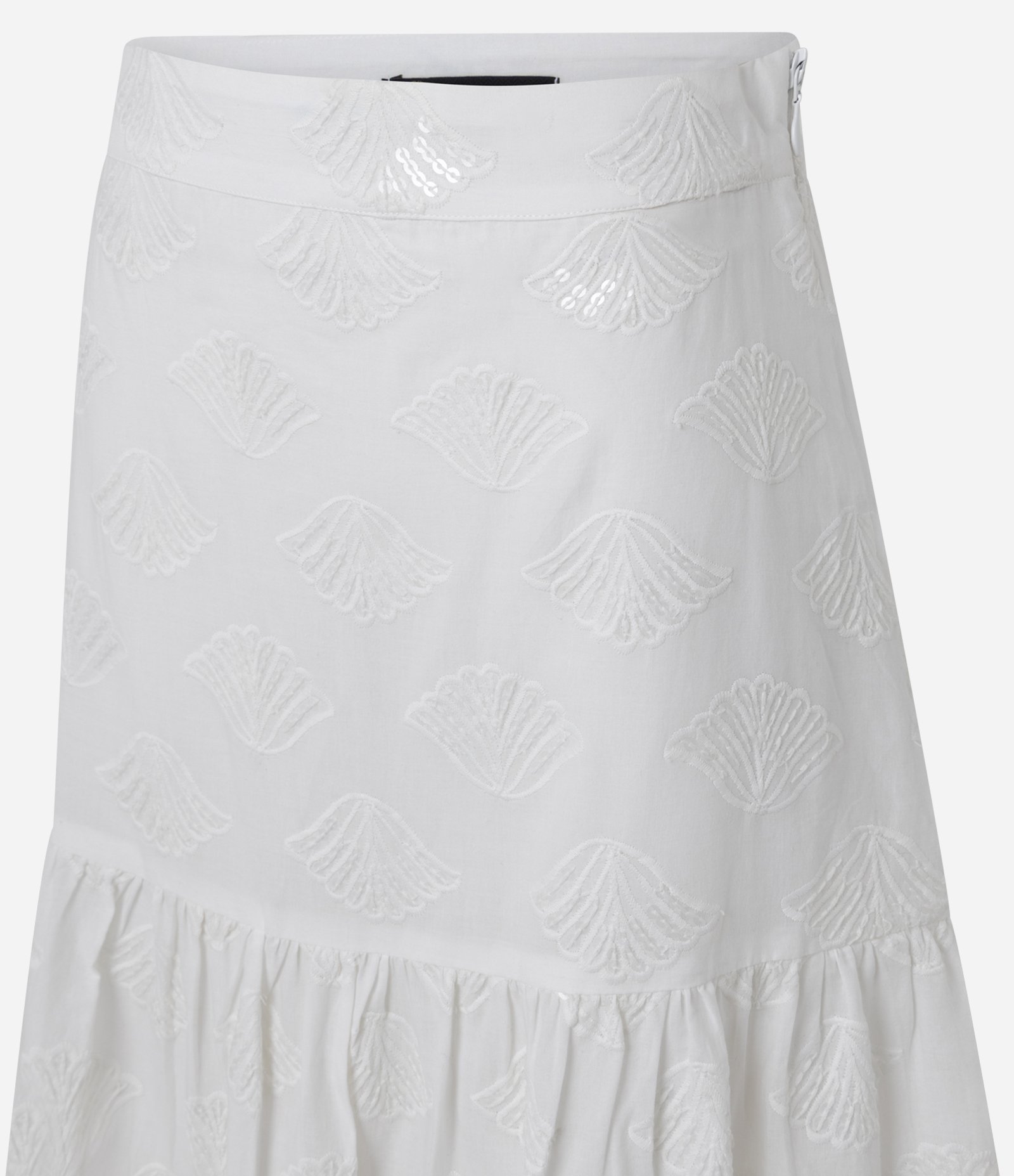 Saia Evasê Midi em Laise com Sobreposição e Bordado Off White 9