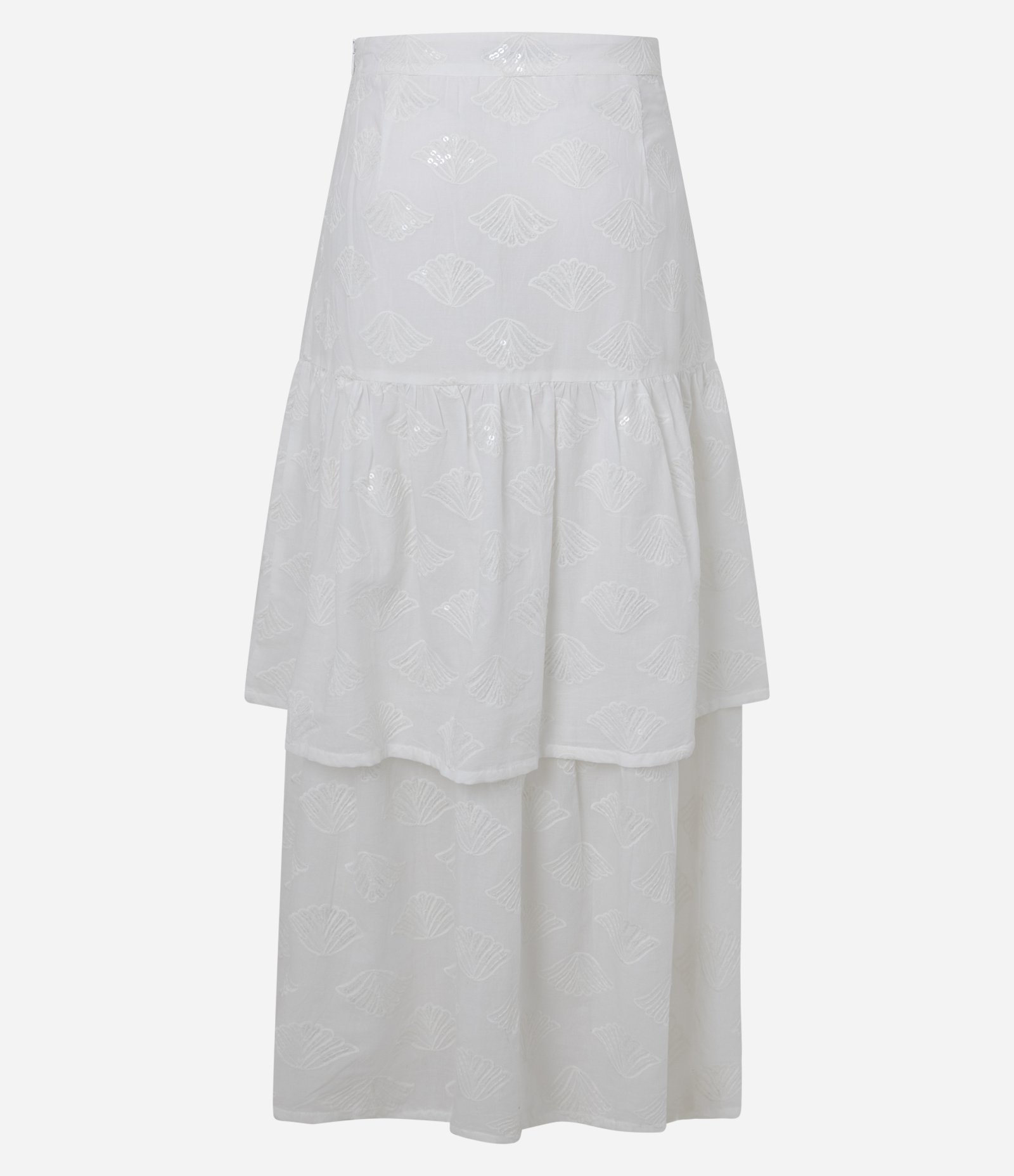 Saia Evasê Midi em Laise com Sobreposição e Bordado Off White 11