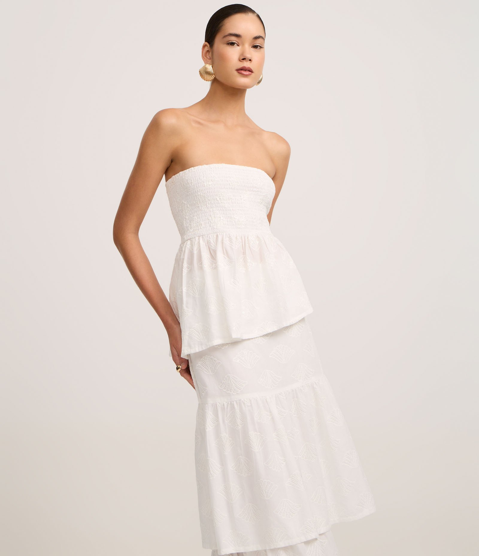 Saia Evasê Midi em Laise com Sobreposição e Bordado Off White 2