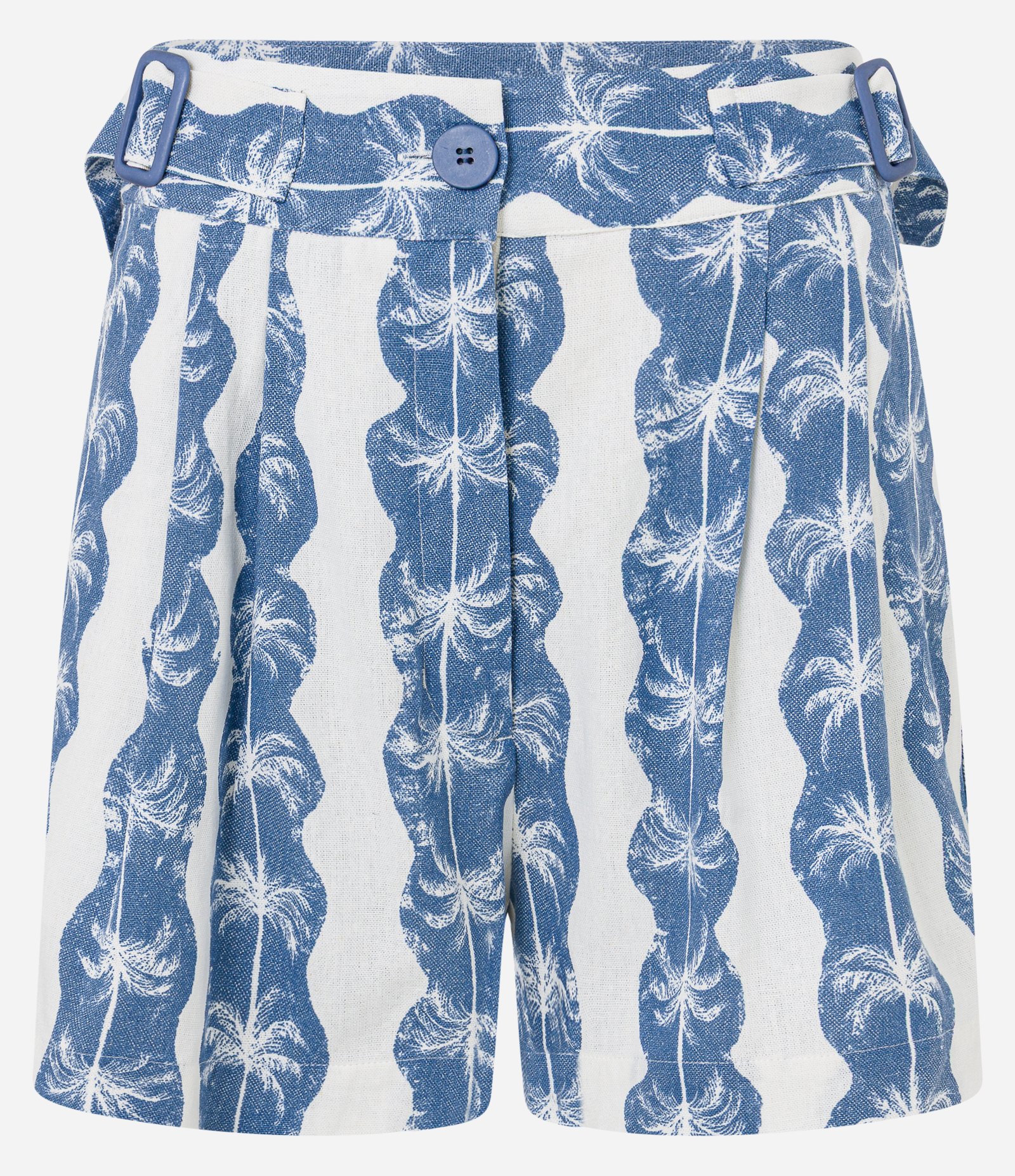 Short Curto em Viscolinho com Fivelas Laterais e Estampa Tropical Bege/Azul 6