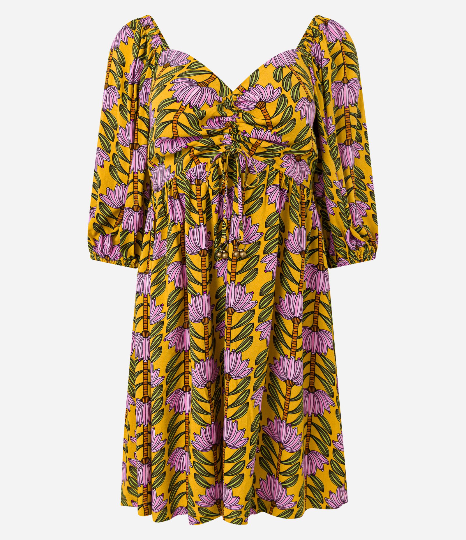 Vestido Curto em Chalis com Estampa de Bananeiras e Manga Bufante Amarelo 5