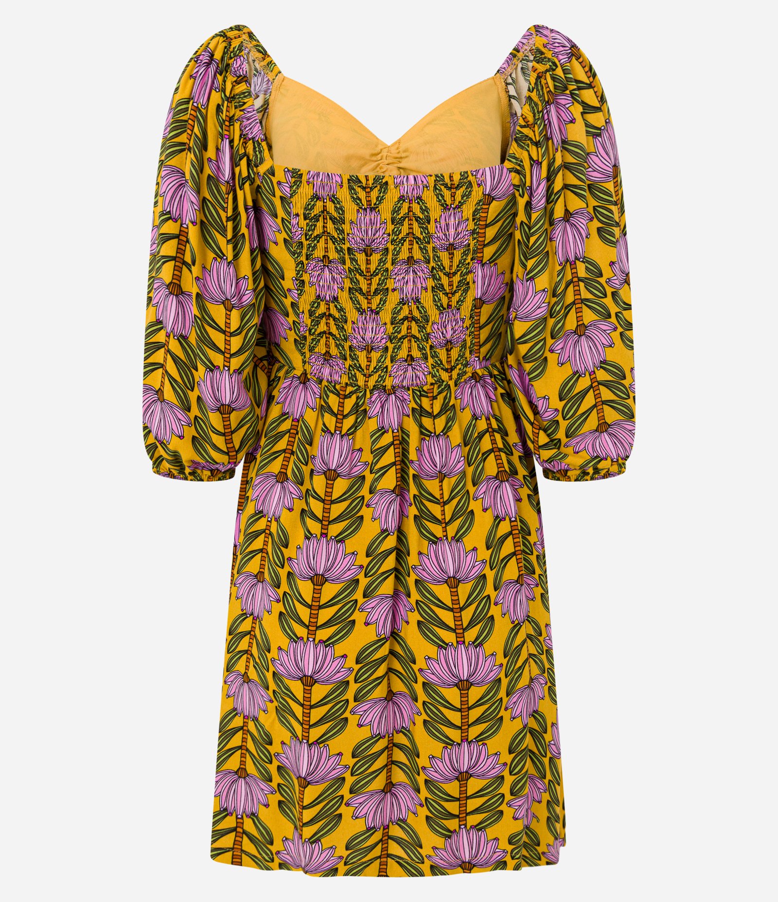 Vestido Curto em Chalis com Estampa de Bananeiras e Manga Bufante Amarelo 7