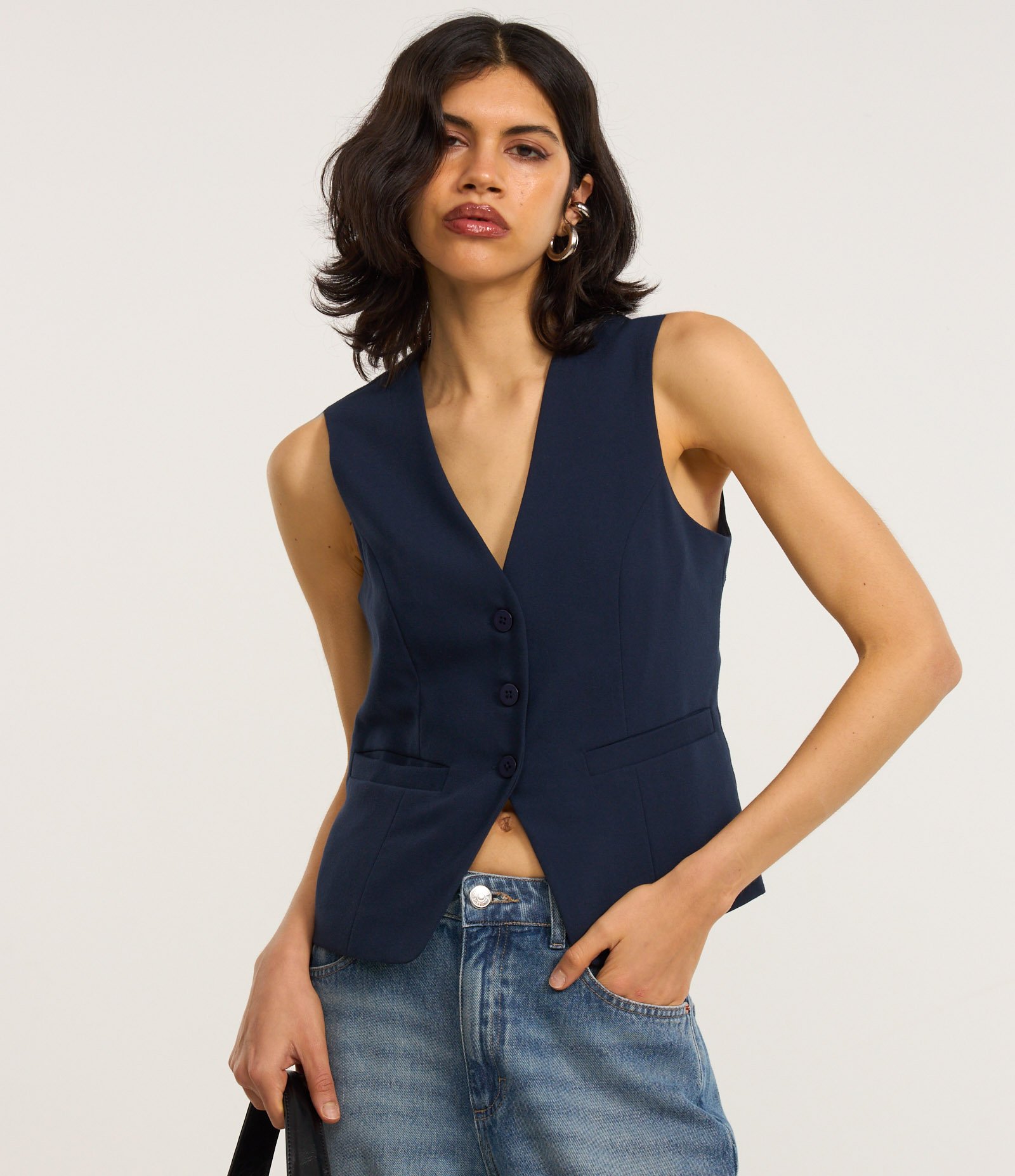 Colete Alongado Alfaiatado com Botões Frontais Azul Marinho 2