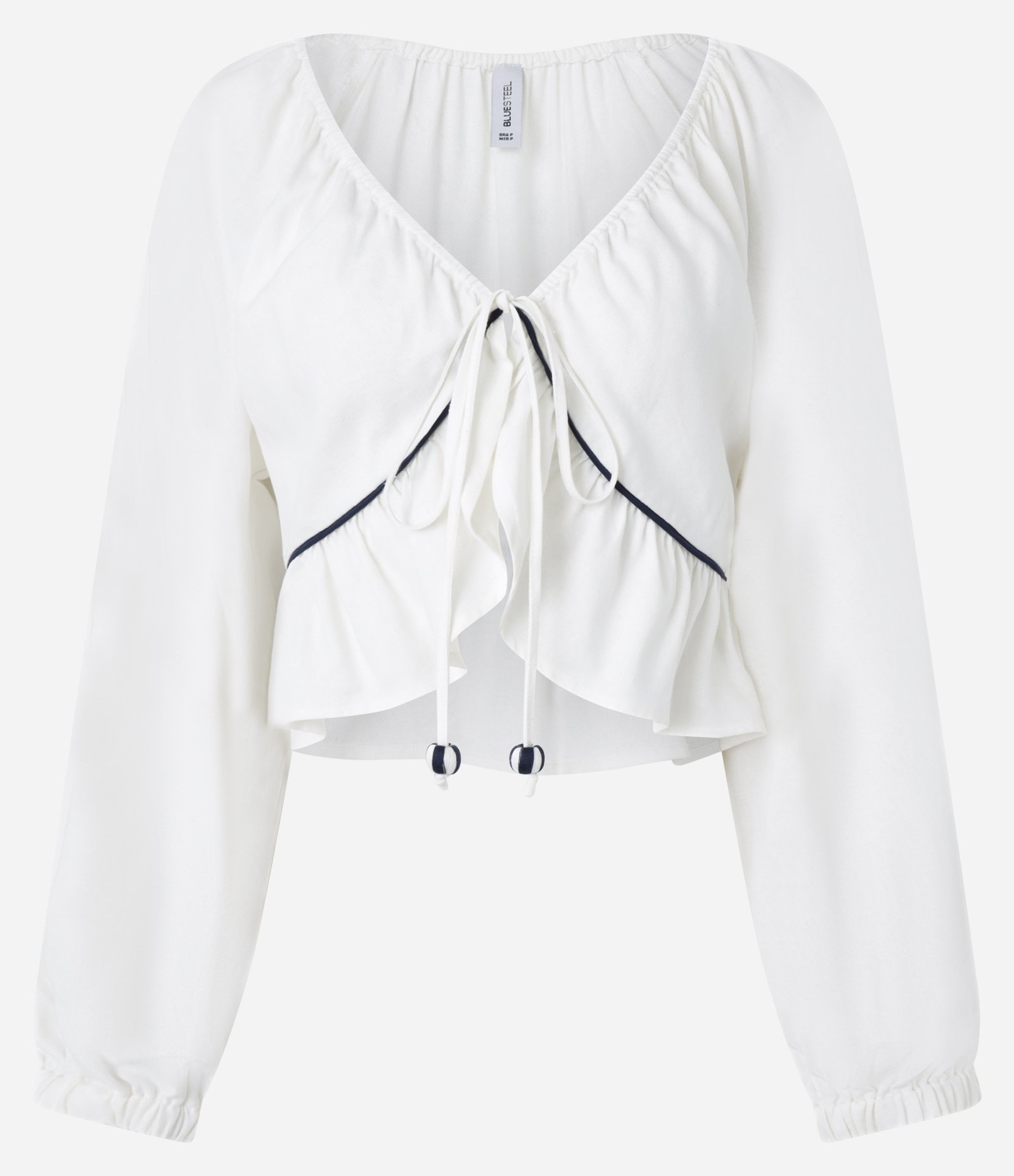 Blusa em Viscolinho com Viés Contrastante e Barra de Babado Off White 5