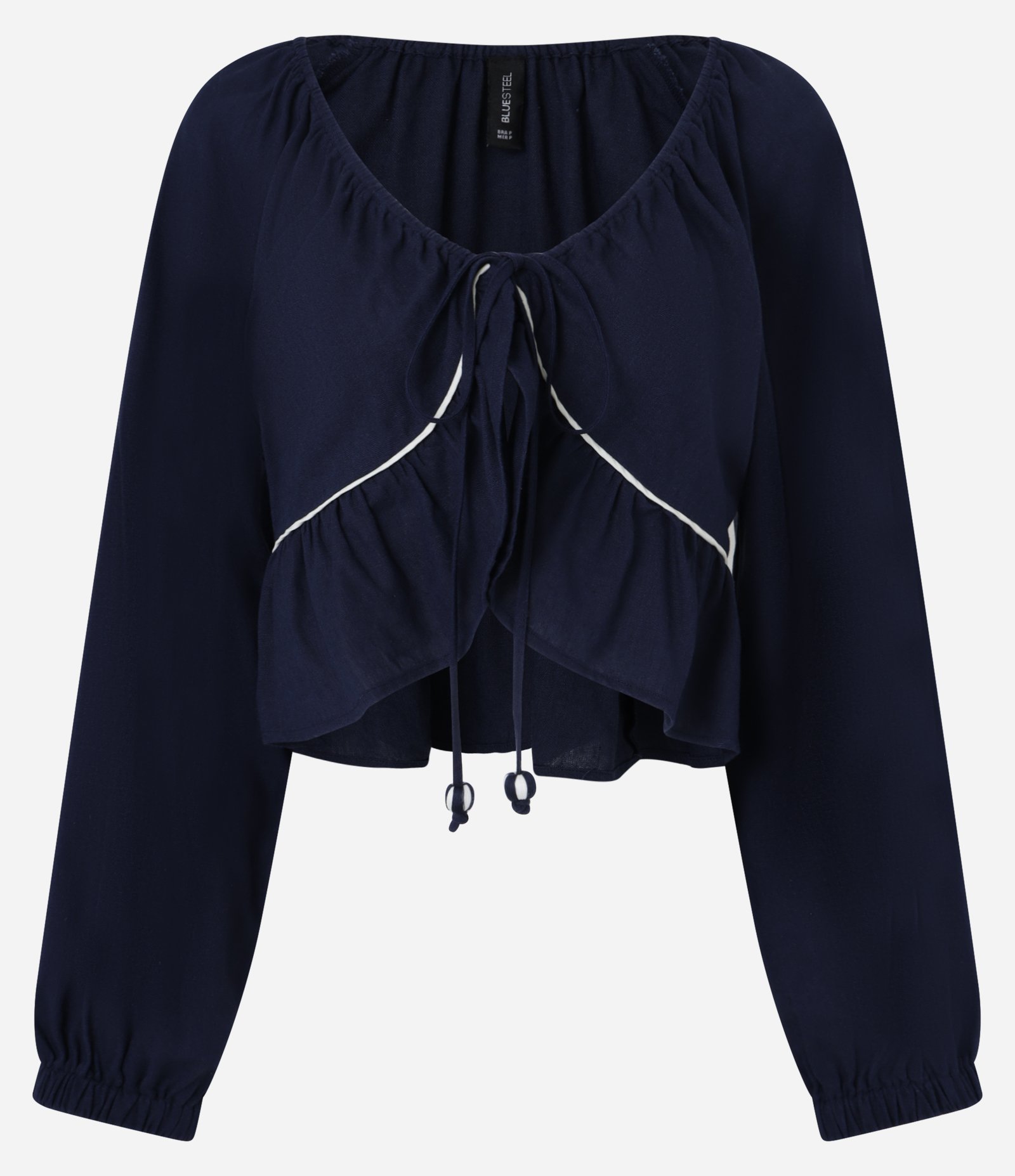 Blusa em Viscolinho com Viés Contrastante e Barra de Babado Azul Marinho 6