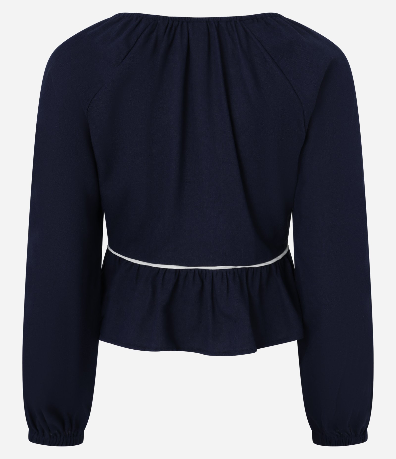 Blusa em Viscolinho com Viés Contrastante e Barra de Babado Azul Marinho 7
