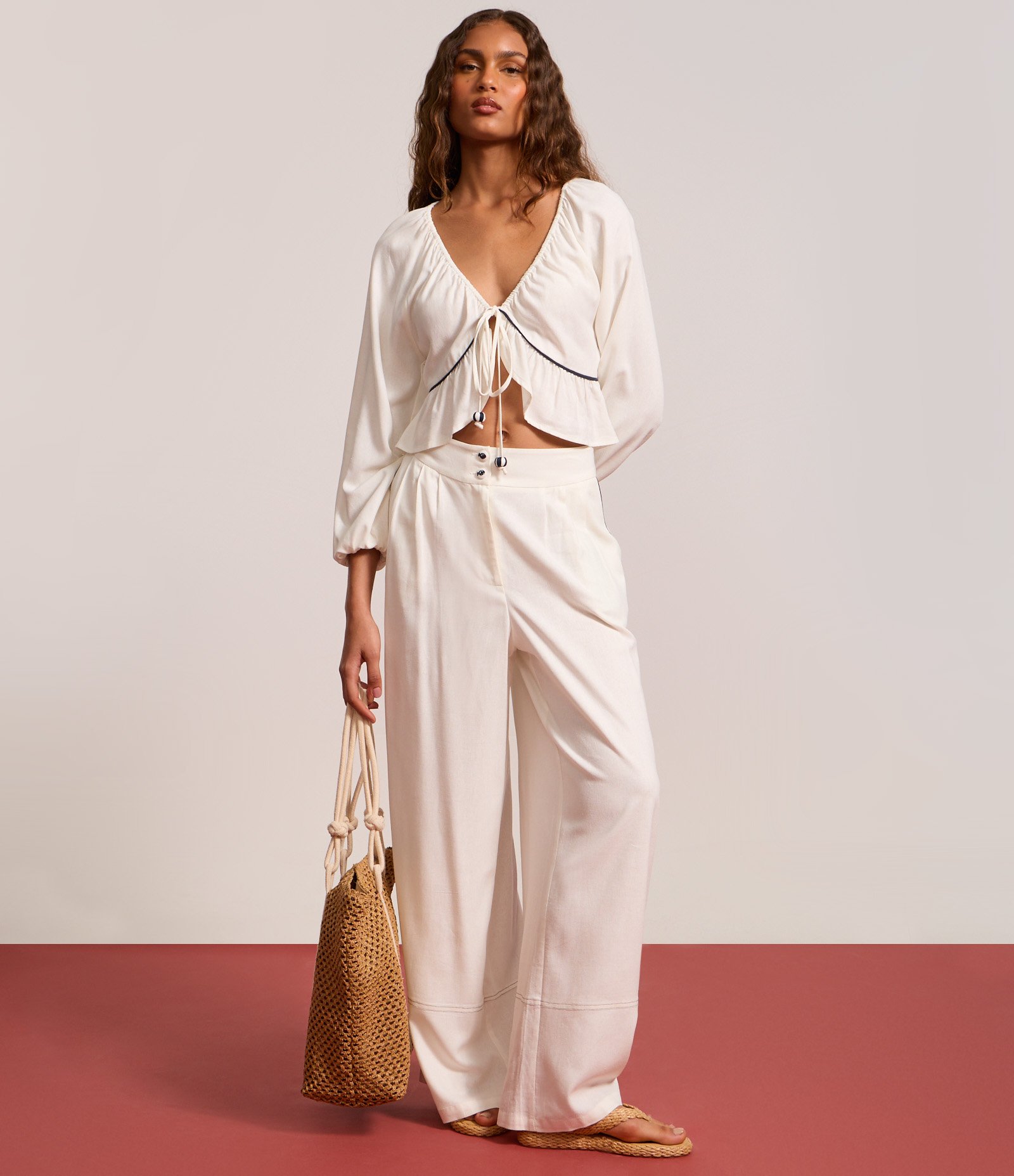 Calça Pantalona em Viscose e Linho com Barra Larga Branco 5