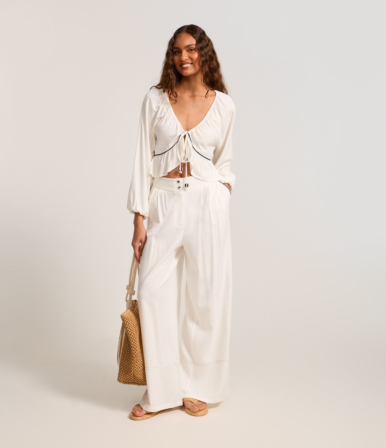 Calça Pantalona em Viscose e Linho com Barra Larga Branco 1