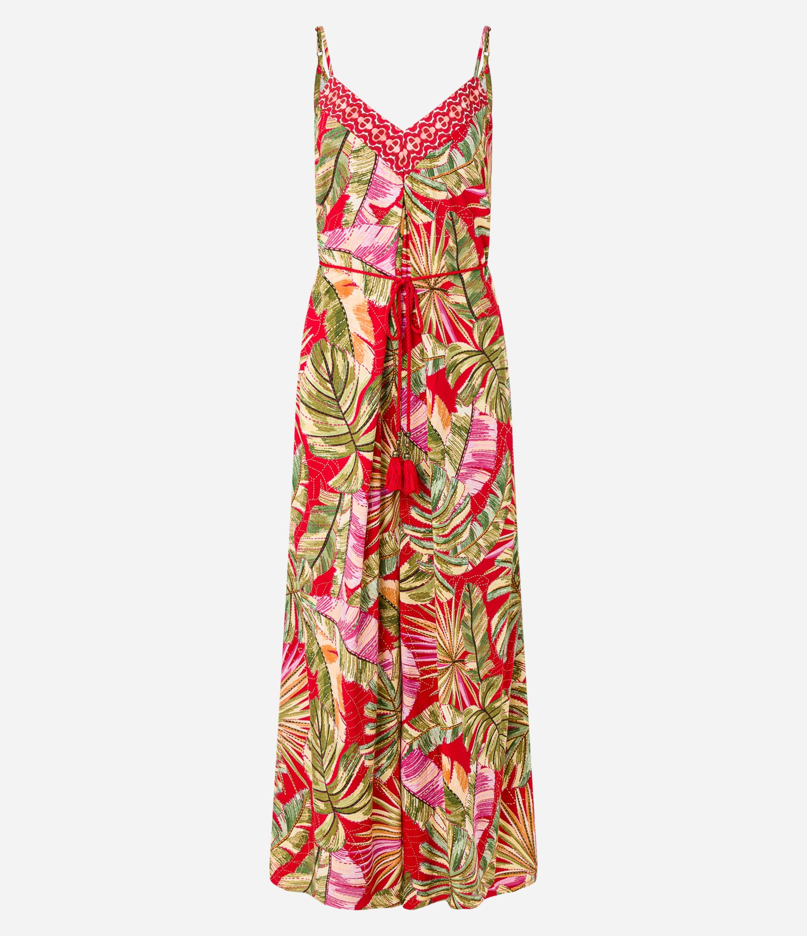 Macacão Pantalona em Chalis com Estampa de Folhagem e Cinto Corda Vermelho 3