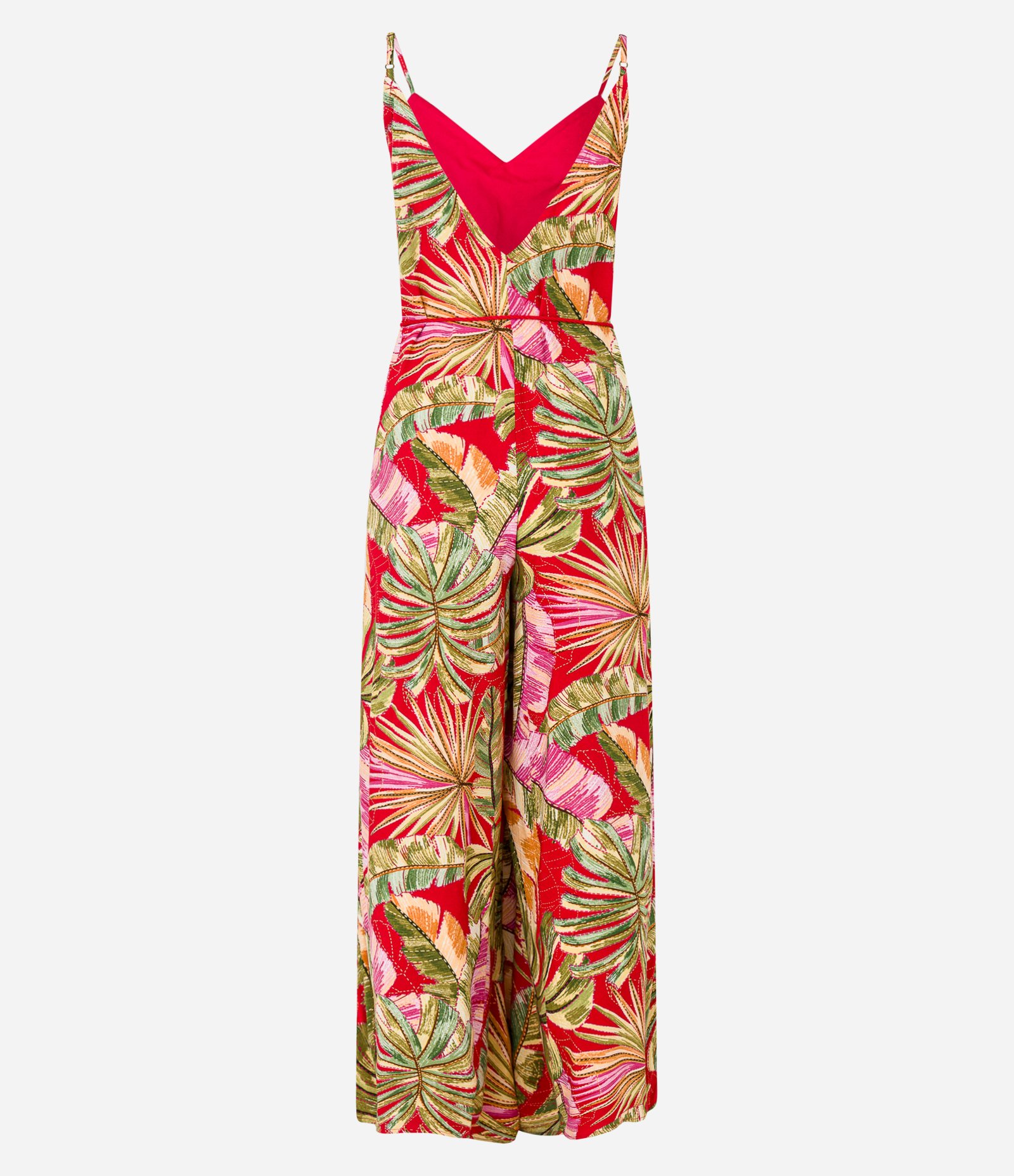 Macacão Pantalona em Chalis com Estampa de Folhagem e Cinto Corda Vermelho 4