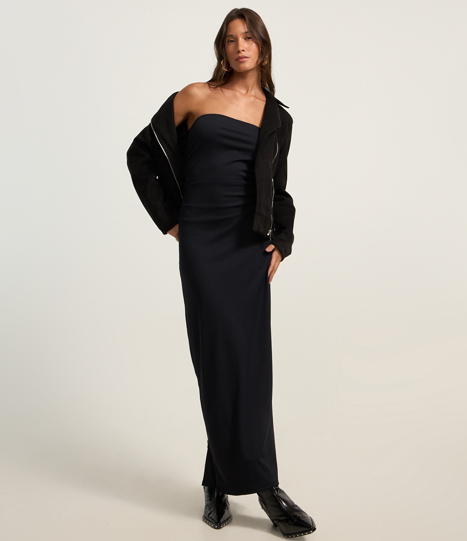 Vestido Long Midi em Microfibra com Fenda Preto 2