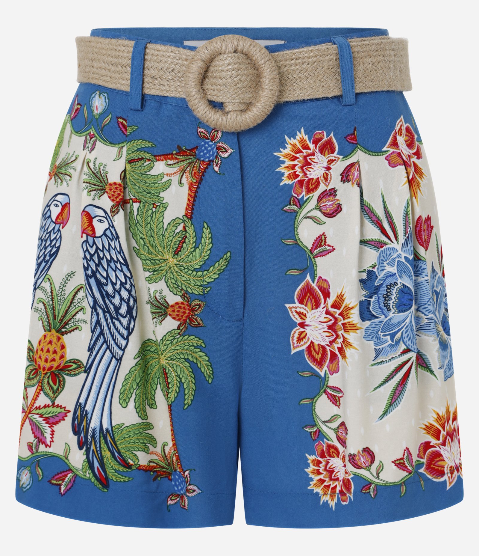 Short Evasê Com Cintura Alta Cinto Efeito Palha e Estampa Tropical Azul 5