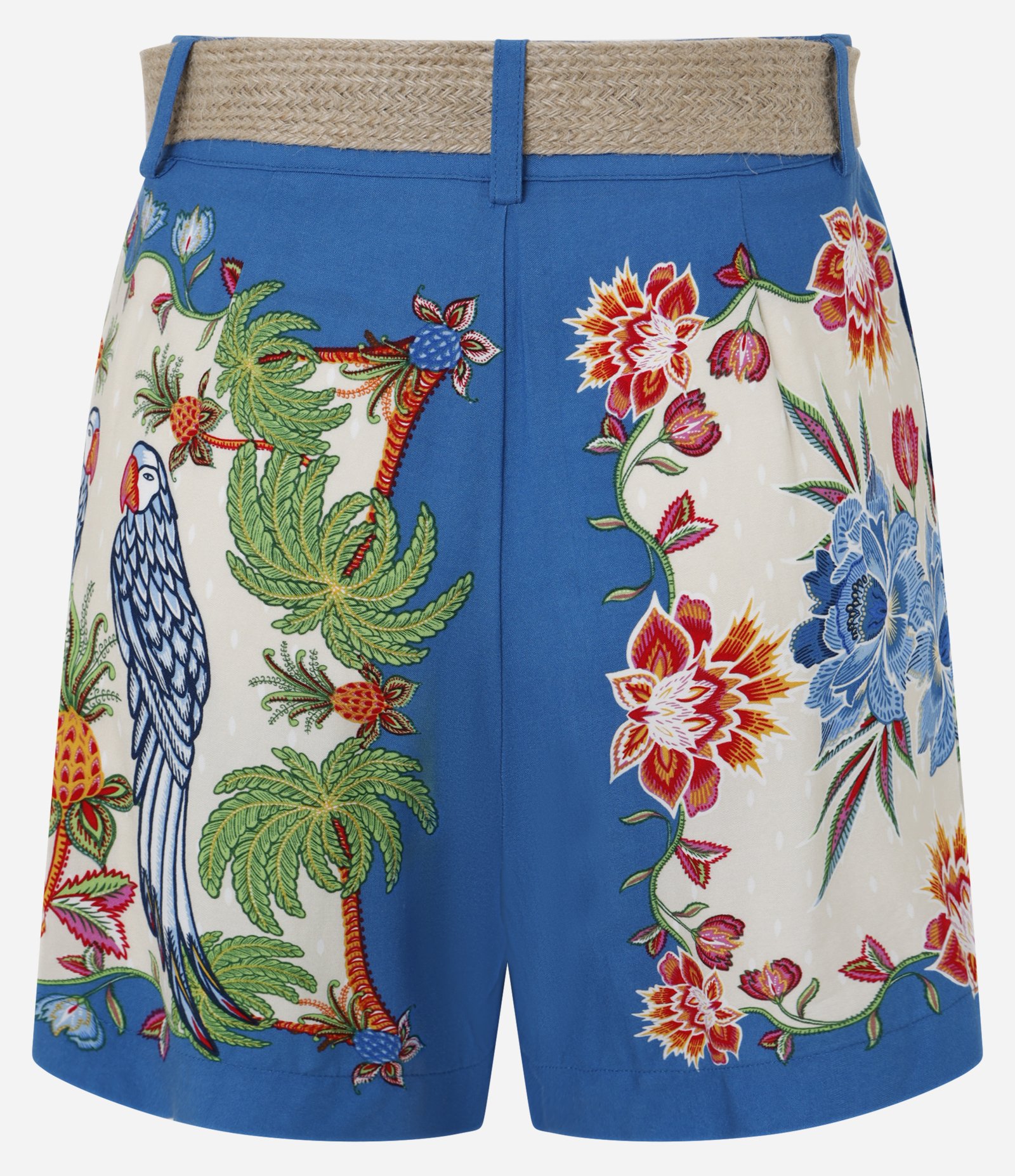 Short Evasê Com Cintura Alta Cinto Efeito Palha e Estampa Tropical Azul 6